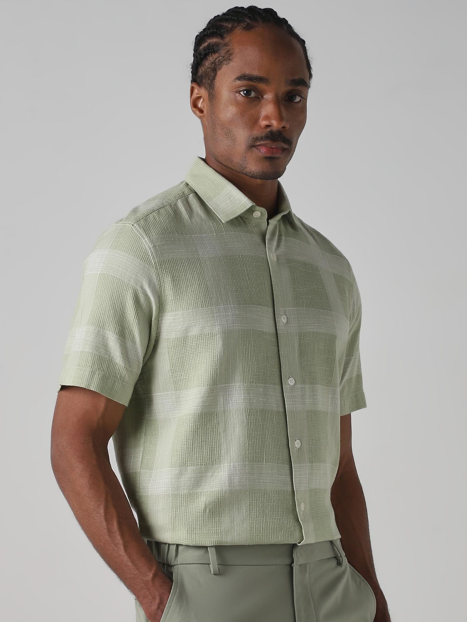 Light Green Checks Men Shirt
