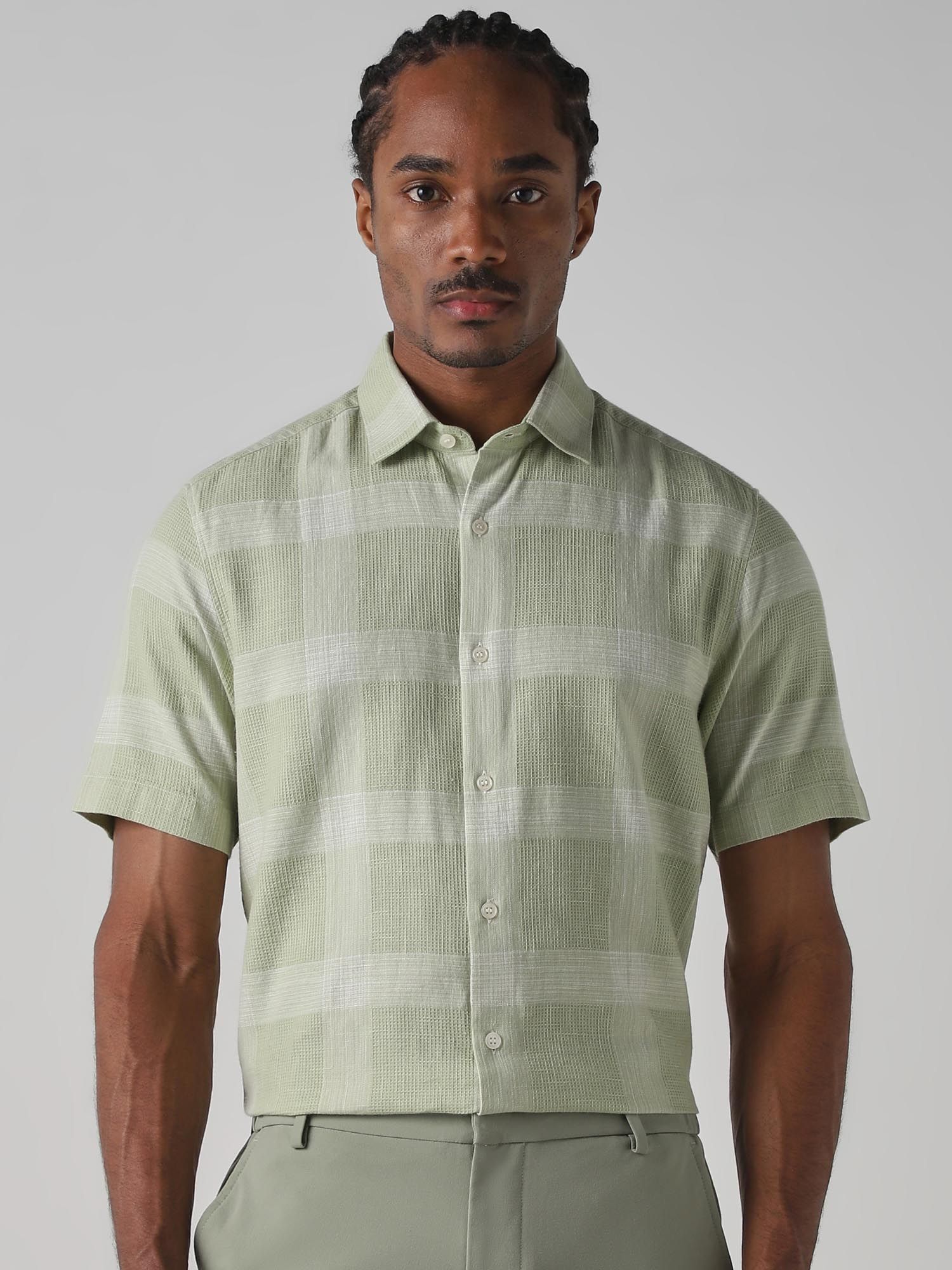 Light Green Checks Men Shirt