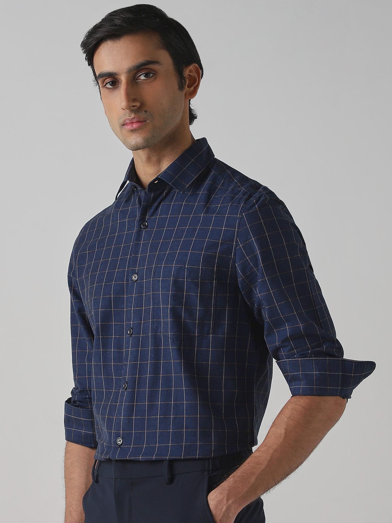 Dark Navy Blue Checks Men Shirt
