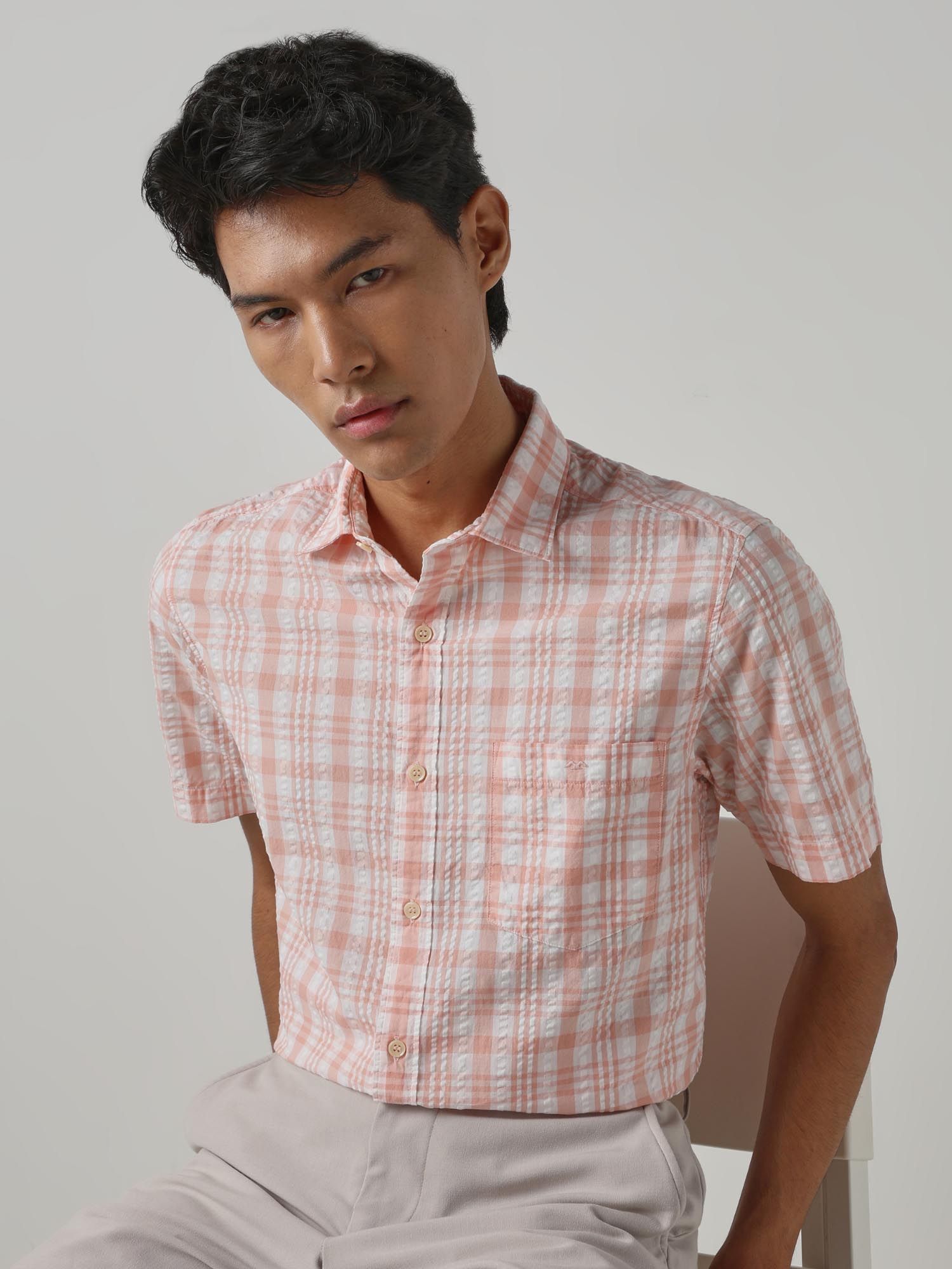 Peach Checks Men Shirt