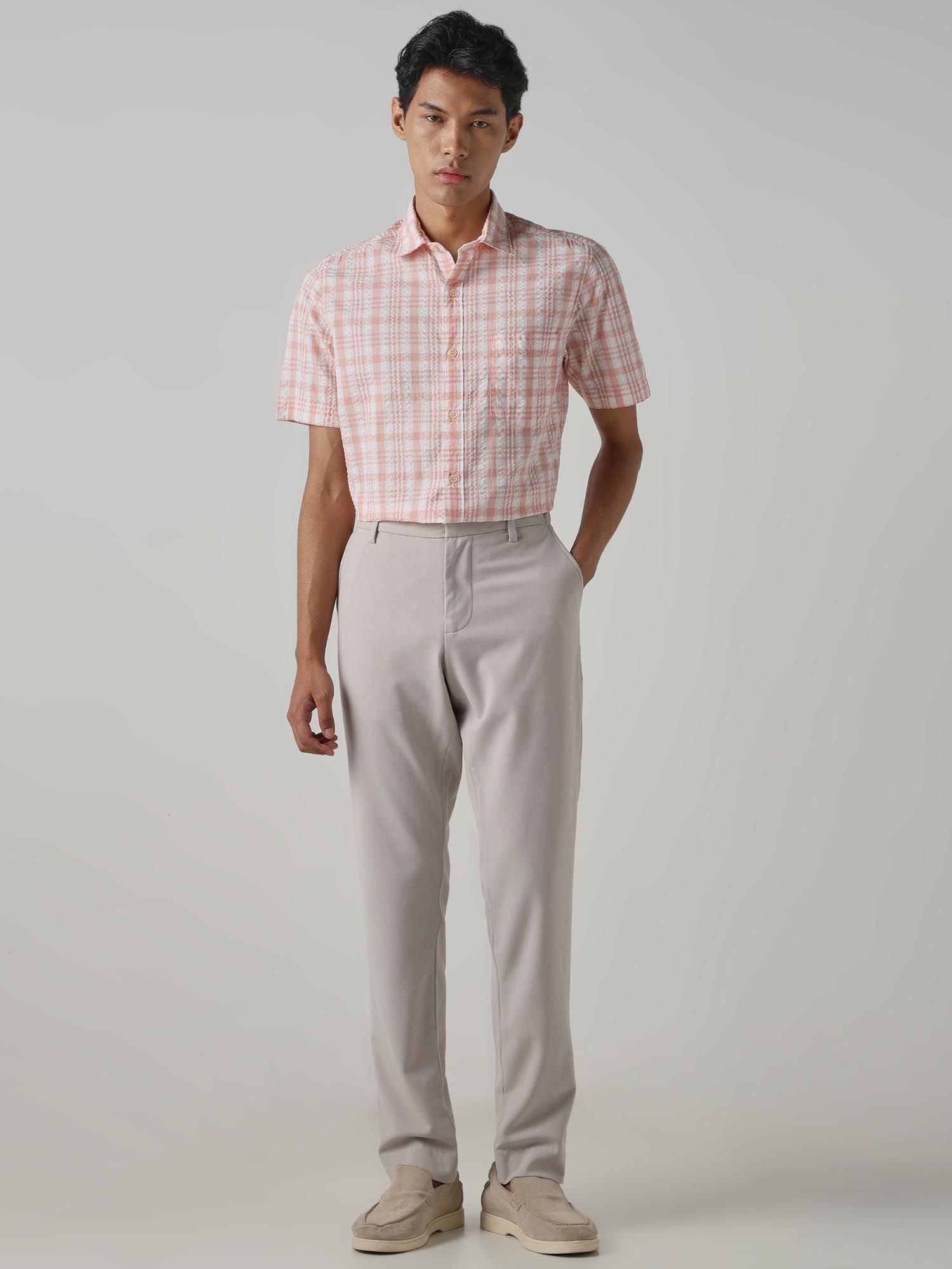 Peach Checks Men Shirt