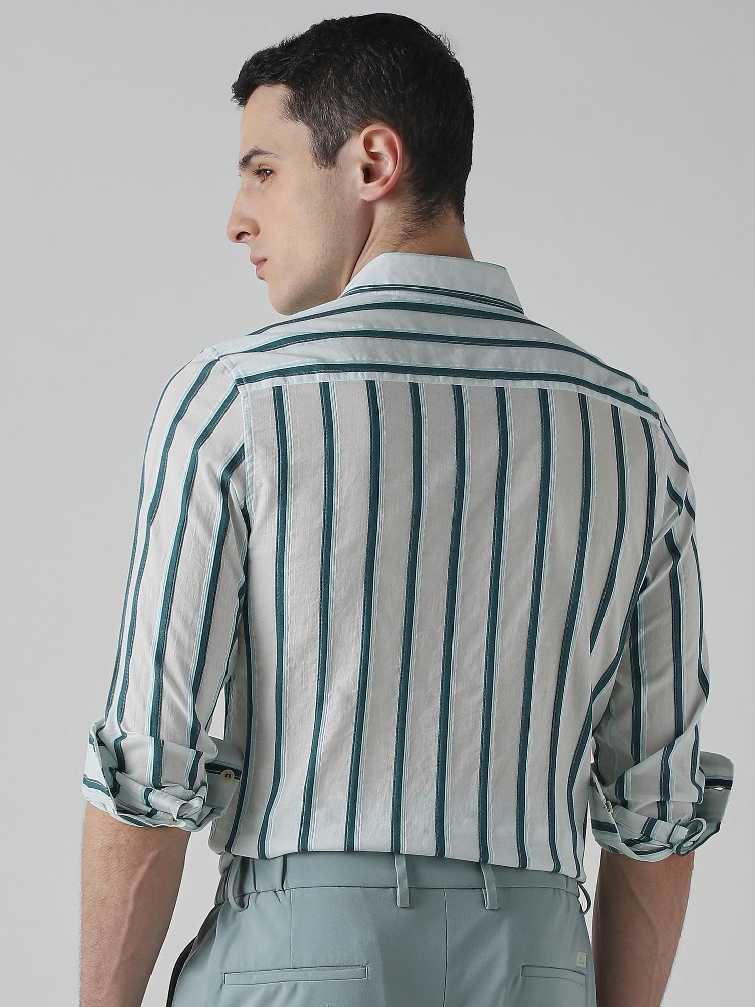Light Green Stripes Men Shirt