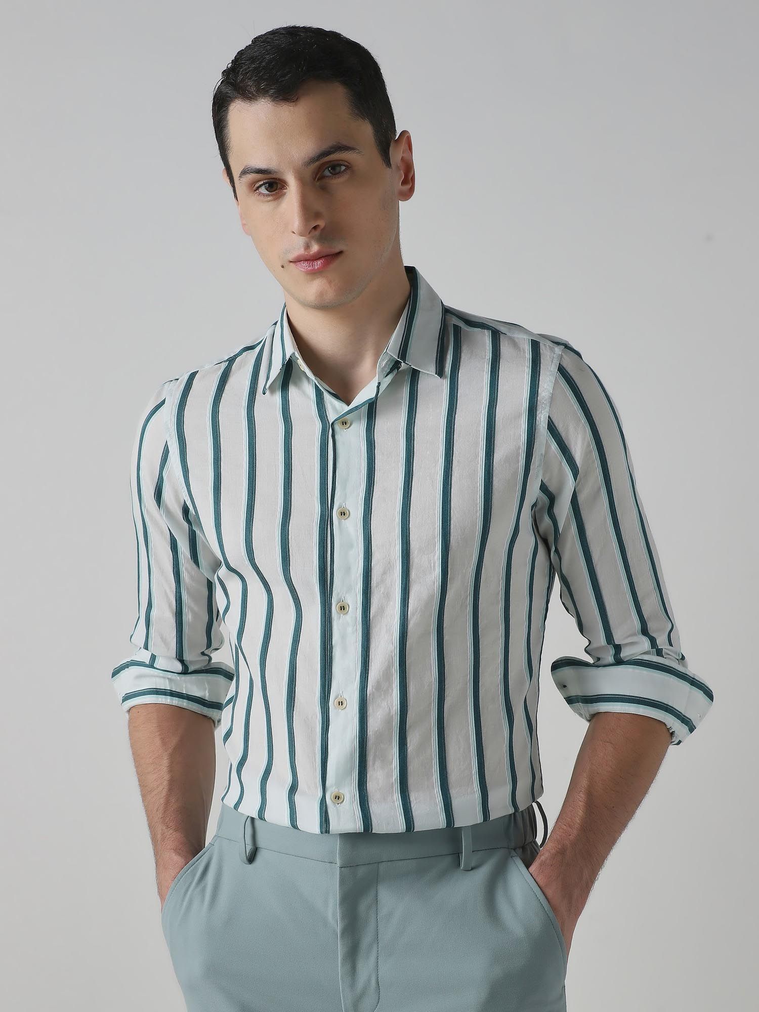 Light Green Stripes Men Shirt