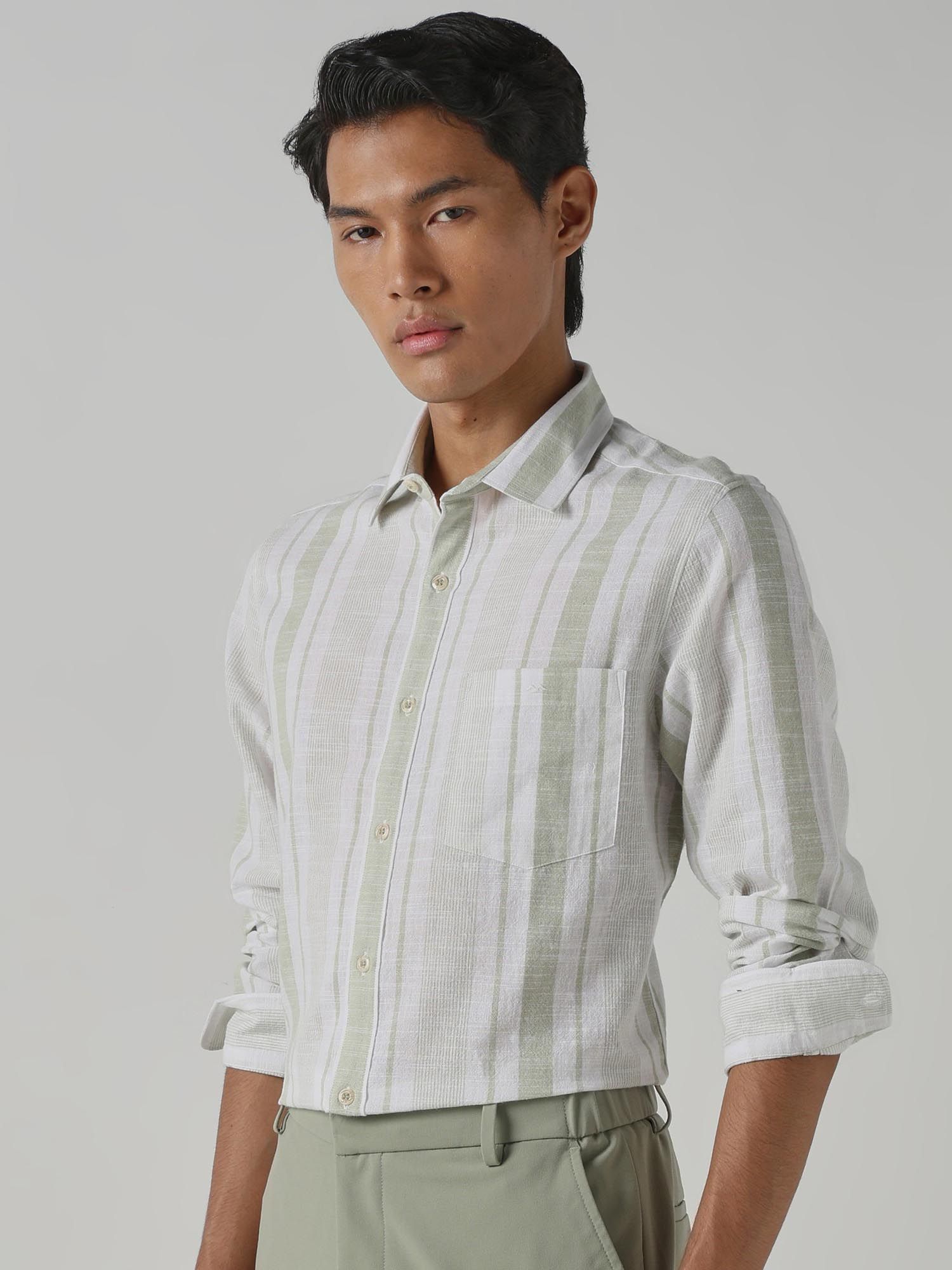 Light Sage Green Stripes Men Shirt