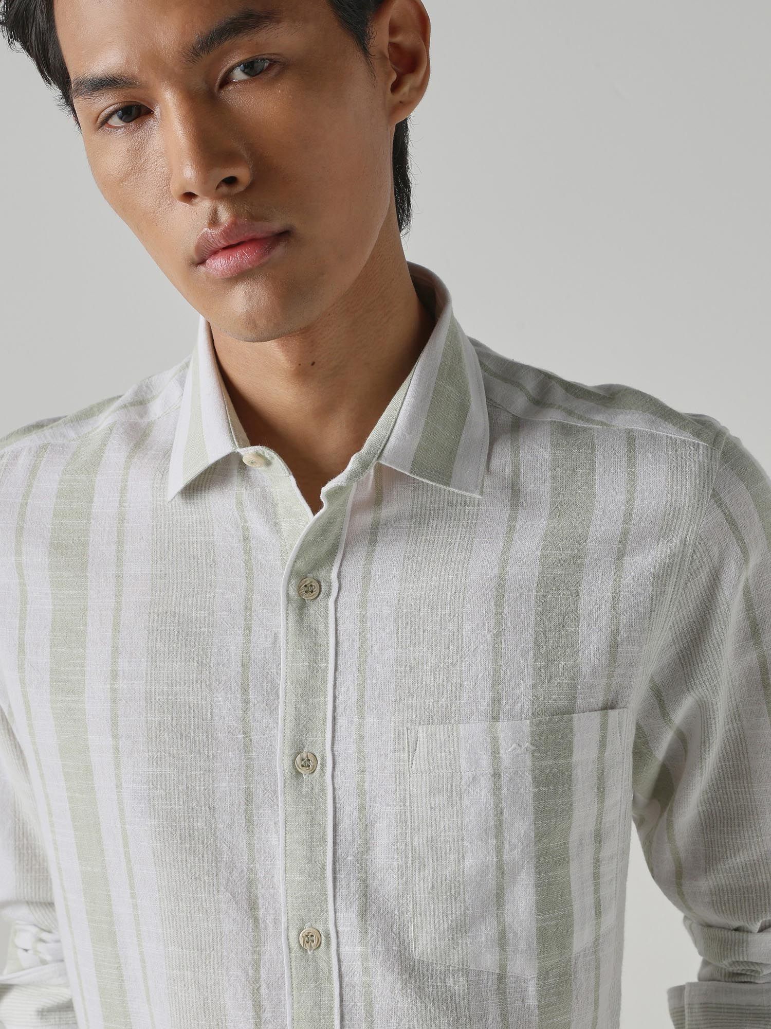 Light Sage Green Stripes Men Shirt