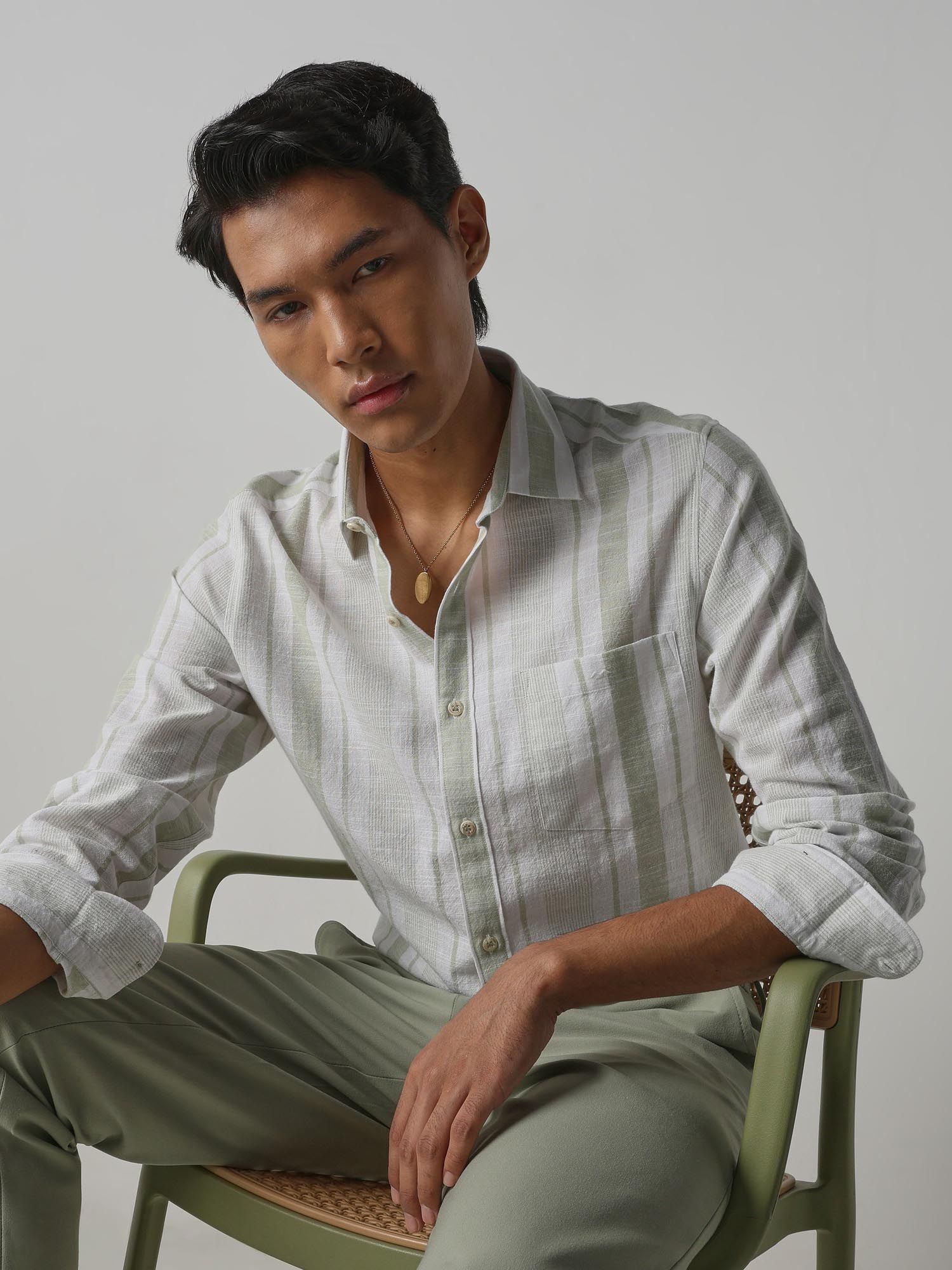 Light Sage Green Stripes Men Shirt
