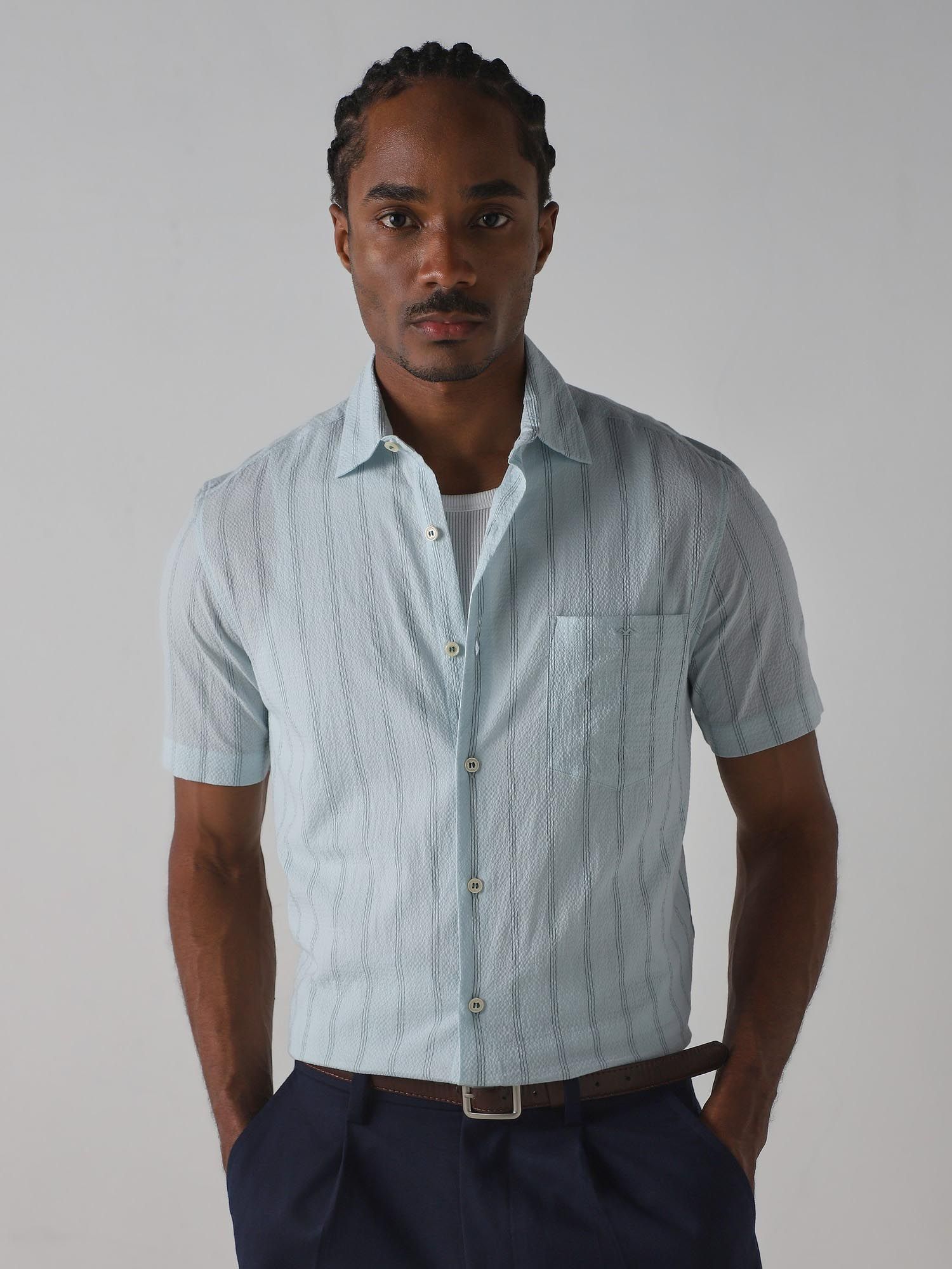 Light Sage Green Stripes Men Shirt