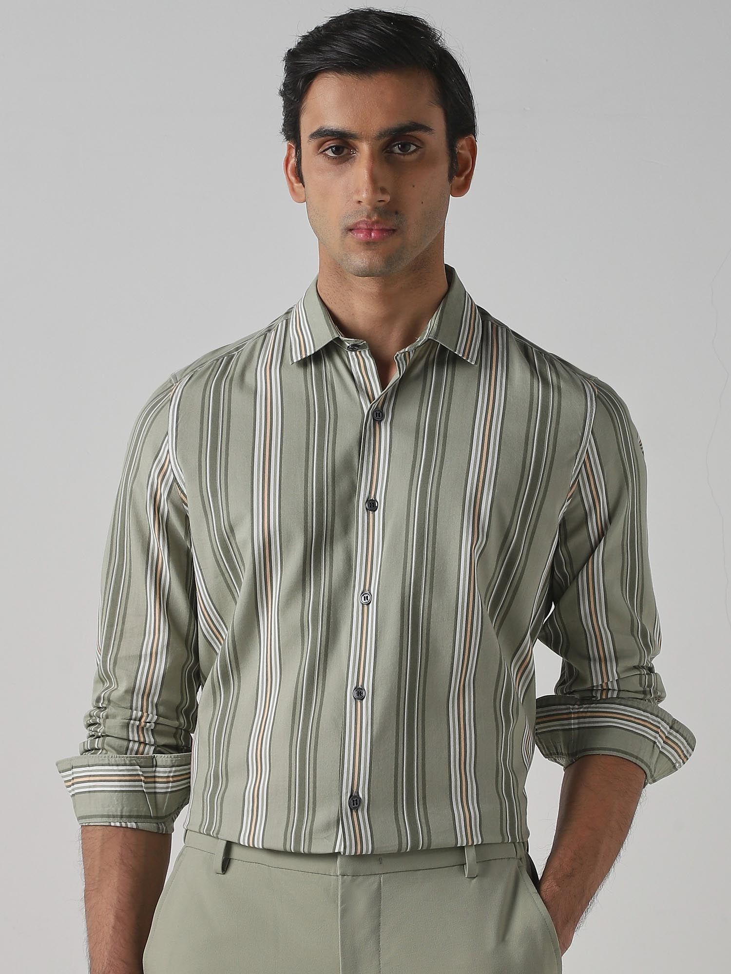 Sage Green Stripes Men Shirt