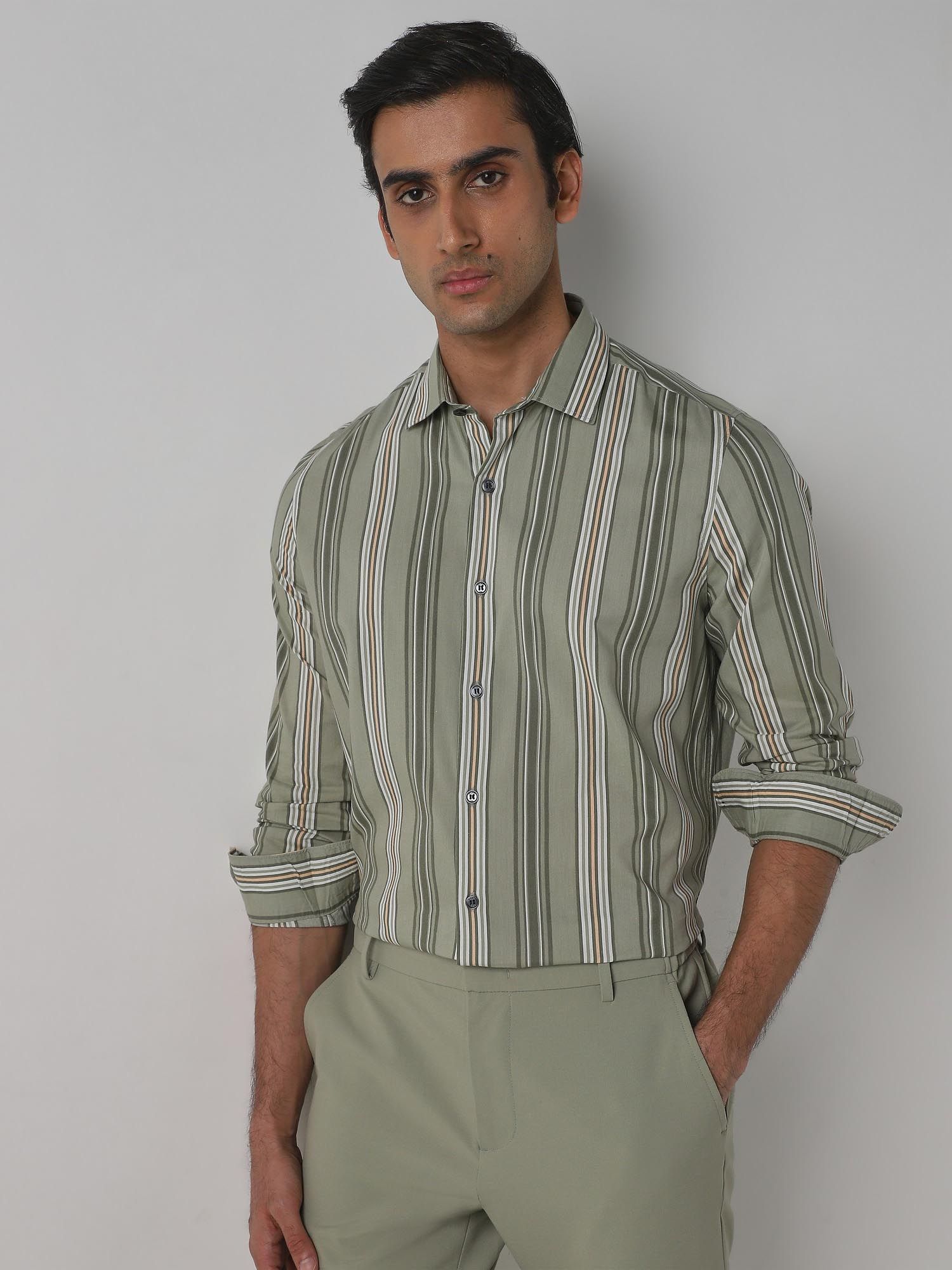Sage Green Stripes Men Shirt