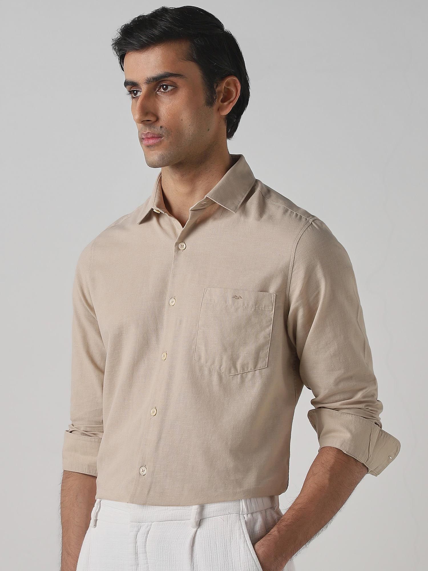 Beige Solid Men Shirt