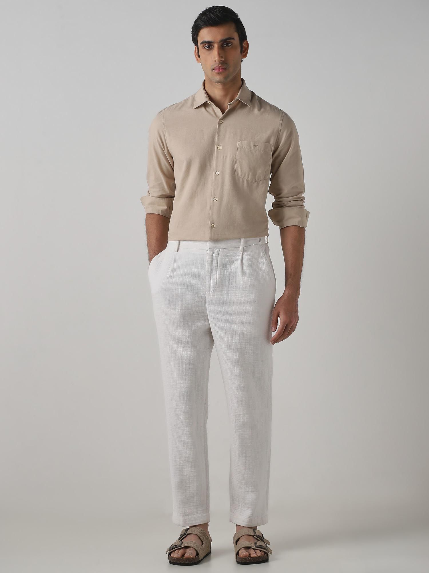 Beige Solid Men Shirt