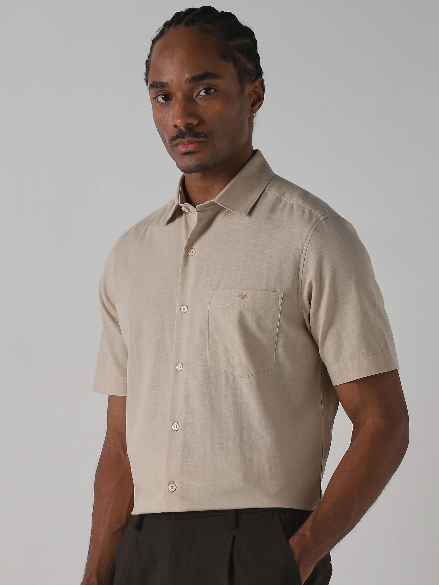 Light Beige Solid Men Shirt
