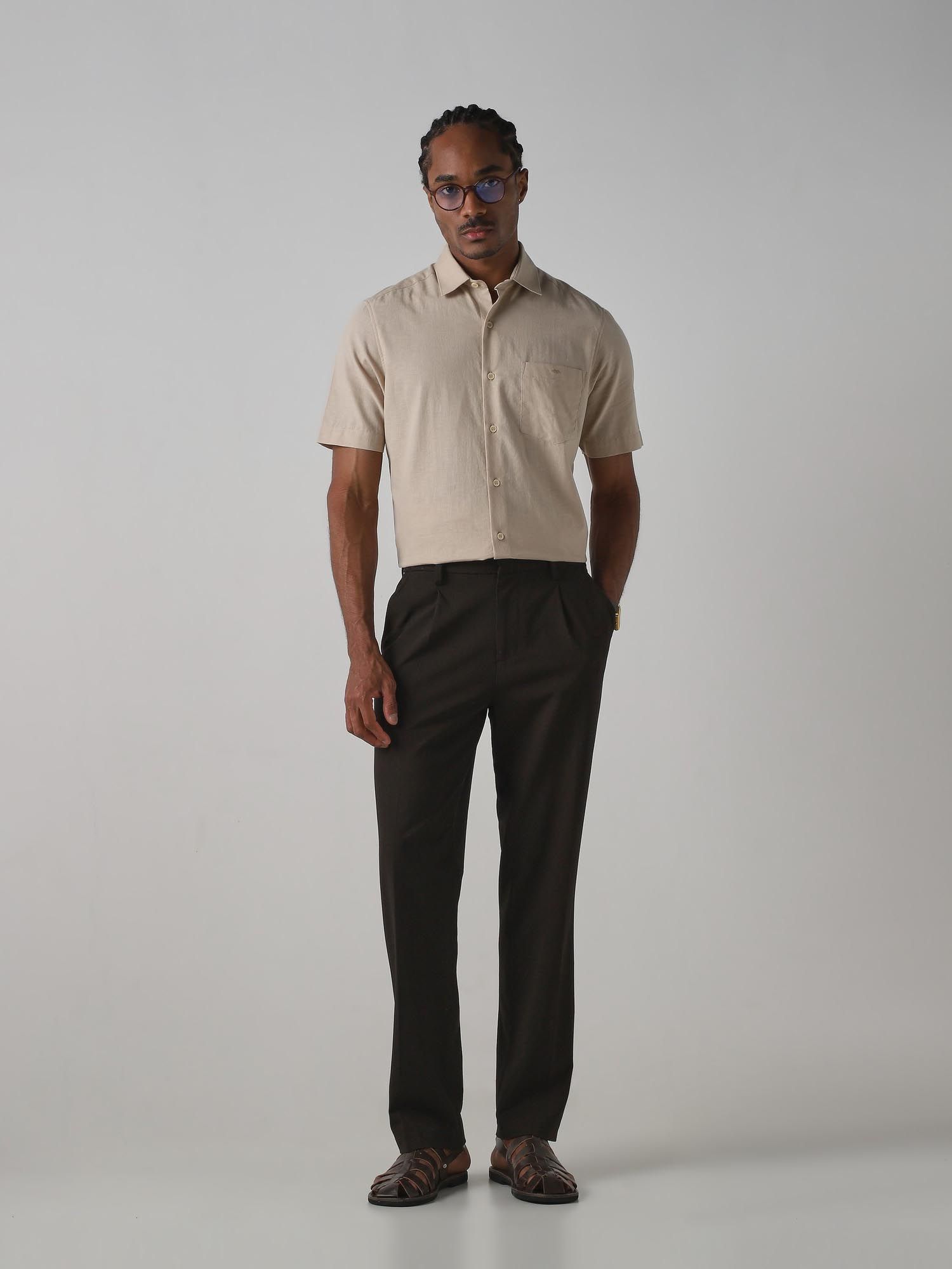 Light Beige Solid Men Shirt