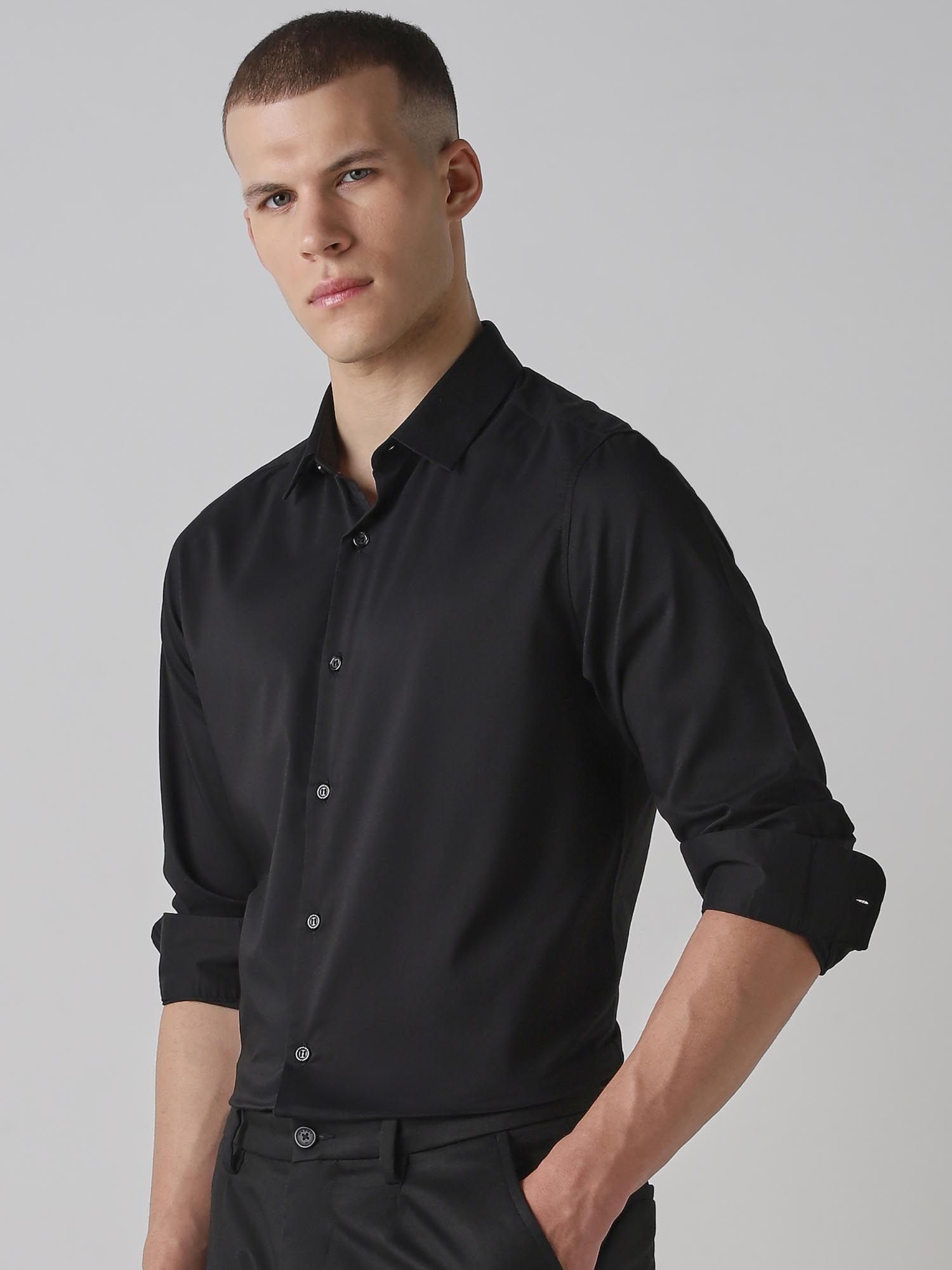 Jet Black Solid Men Shirt