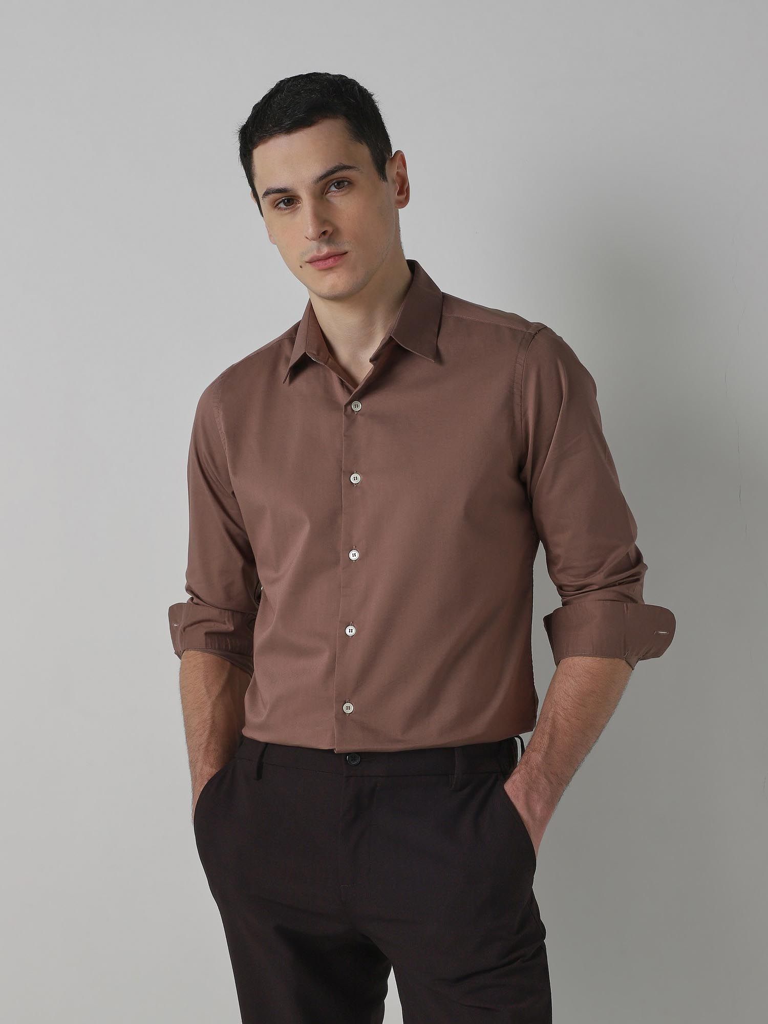 Light Brown Solid Men Shirt