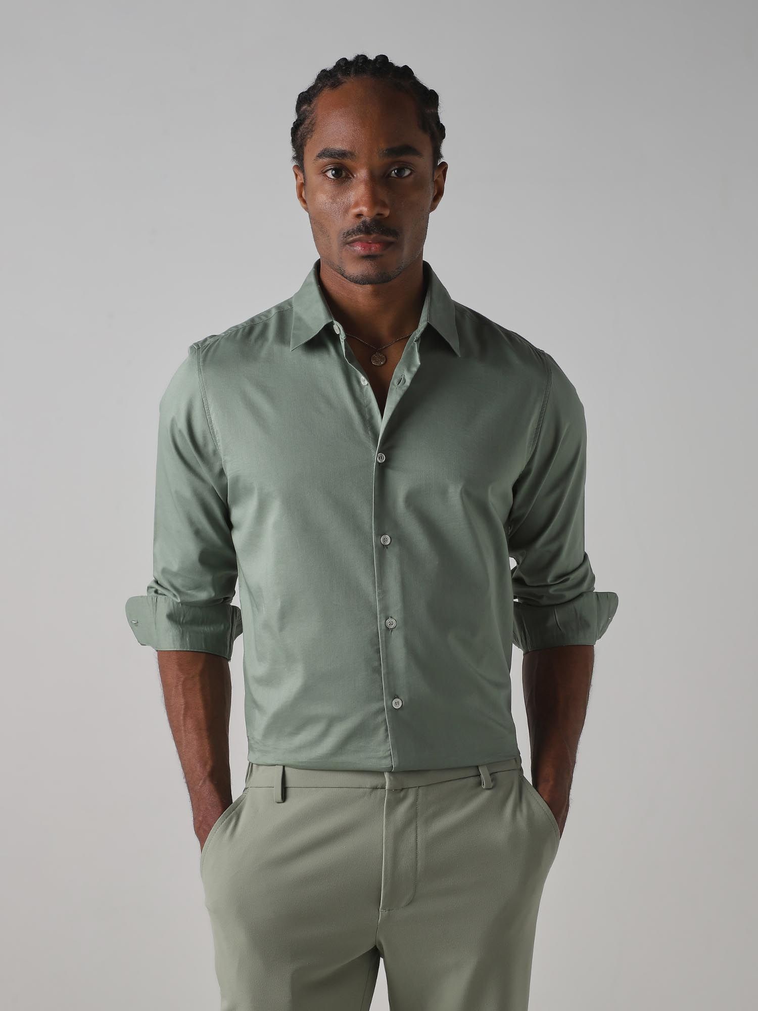 Light Sage Green Solid Men Shirt