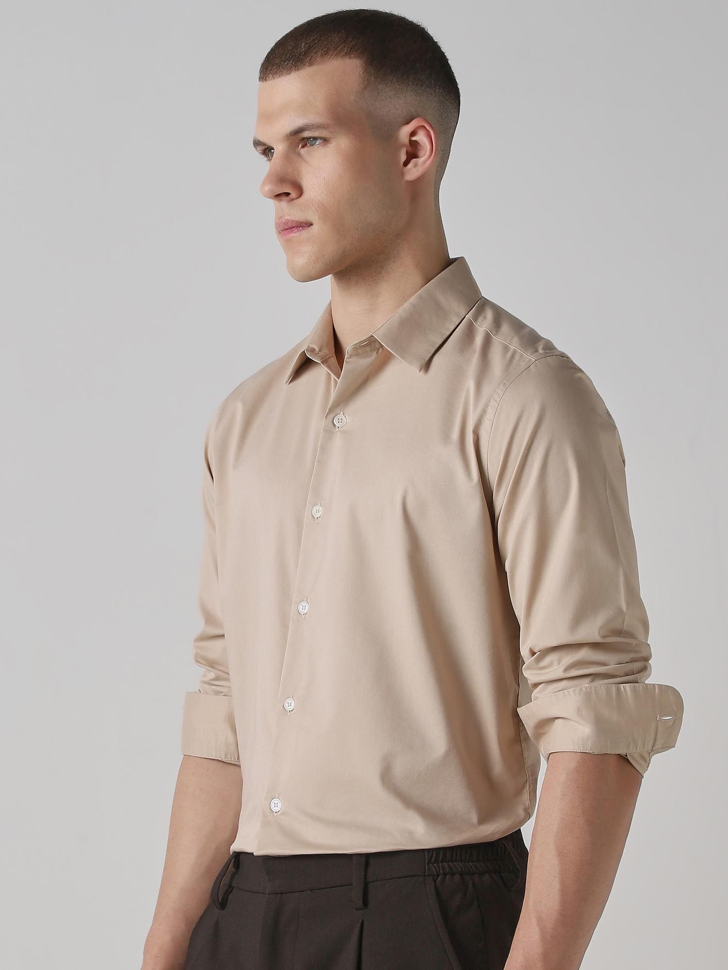 Beige Solid Men Shirt