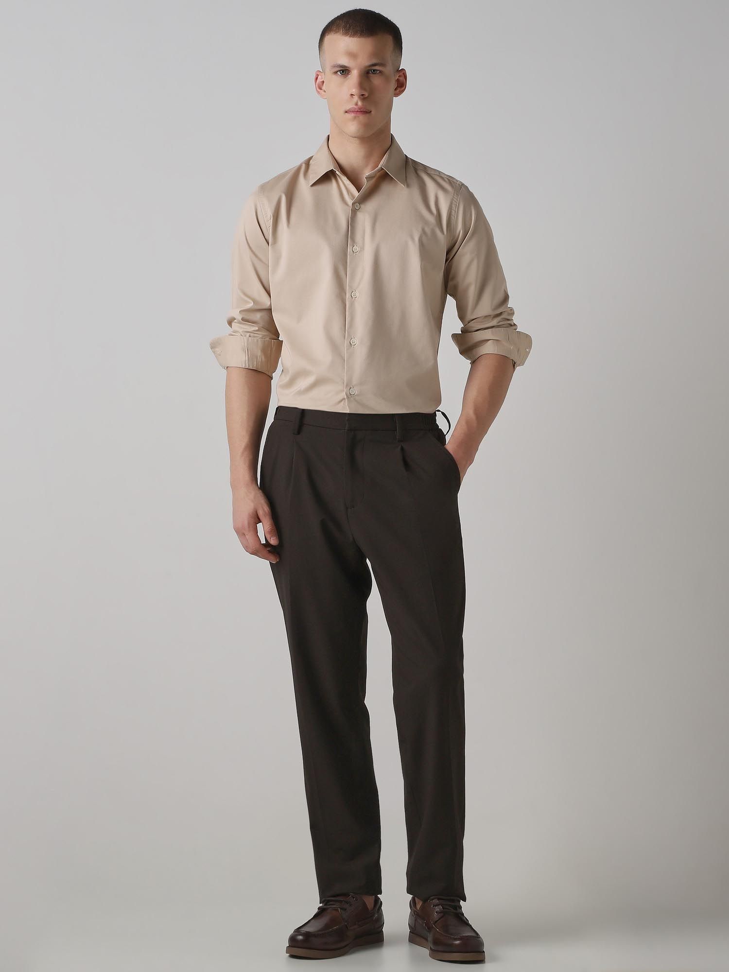 Beige Solid Men Shirt