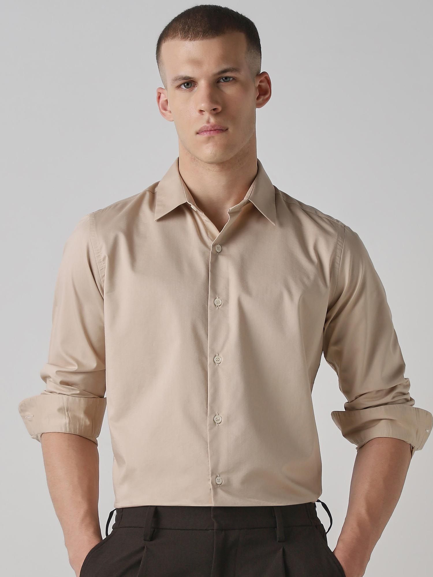 Beige Solid Men Shirt