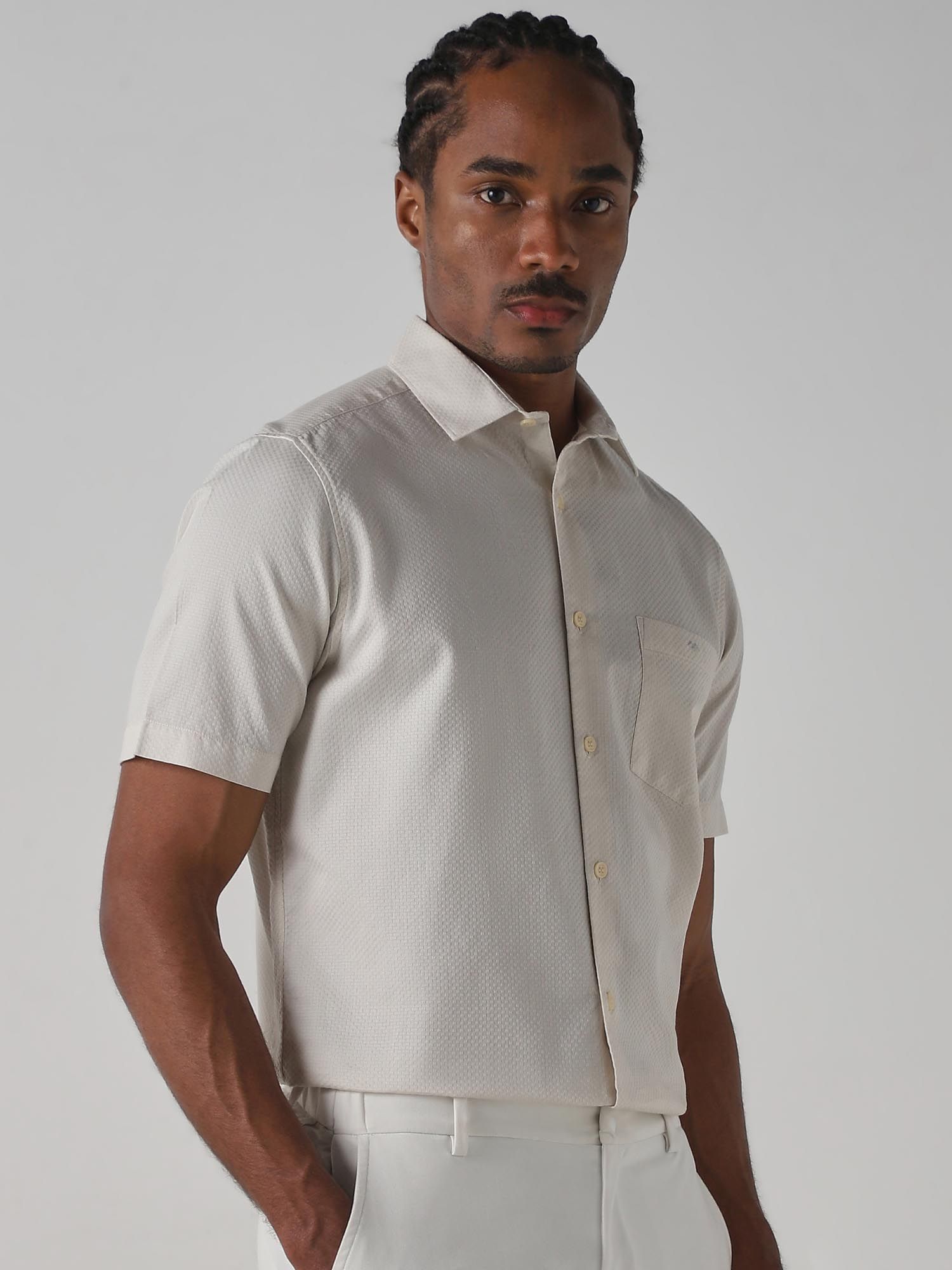 Light Beige Self Design Men Shirt