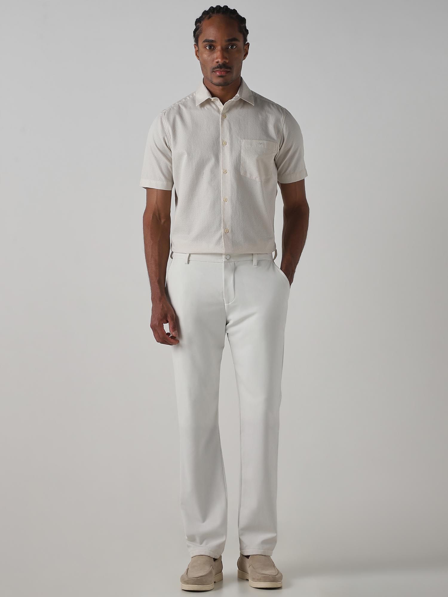 Light Beige Self Design Men Shirt
