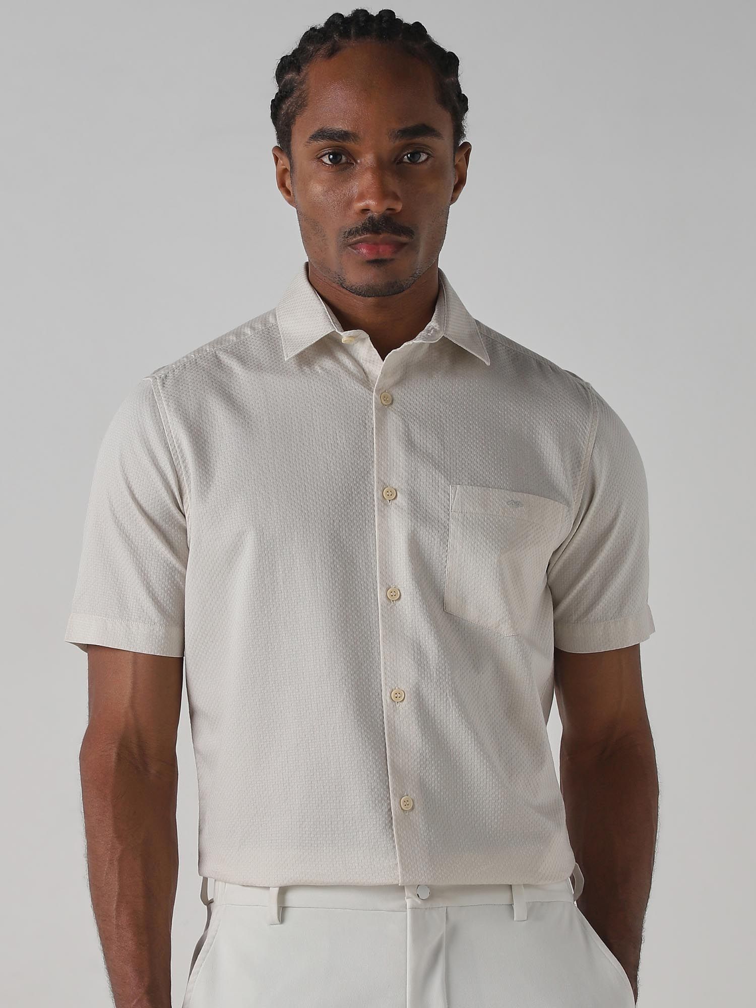 Light Beige Self Design Men Shirt