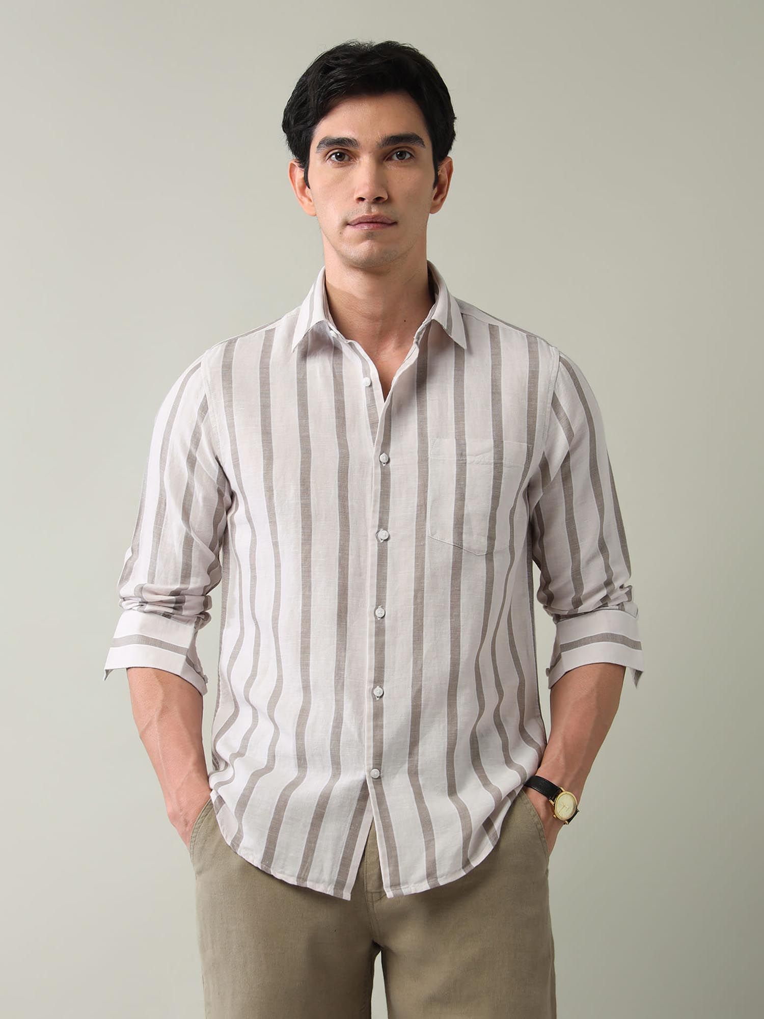 Vertical Striped Slim Fit Shirt Brown