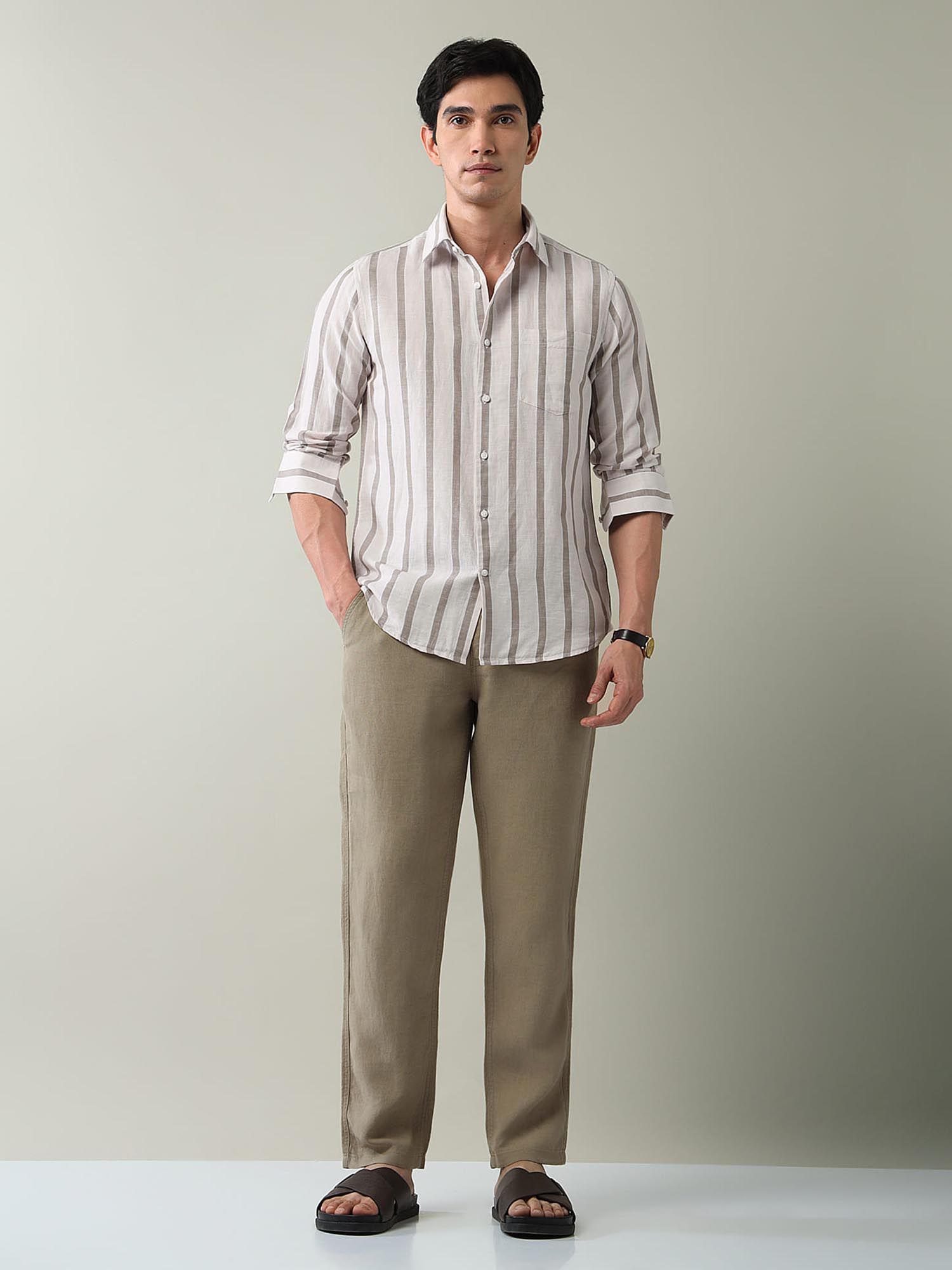 Vertical Striped Slim Fit Shirt Brown