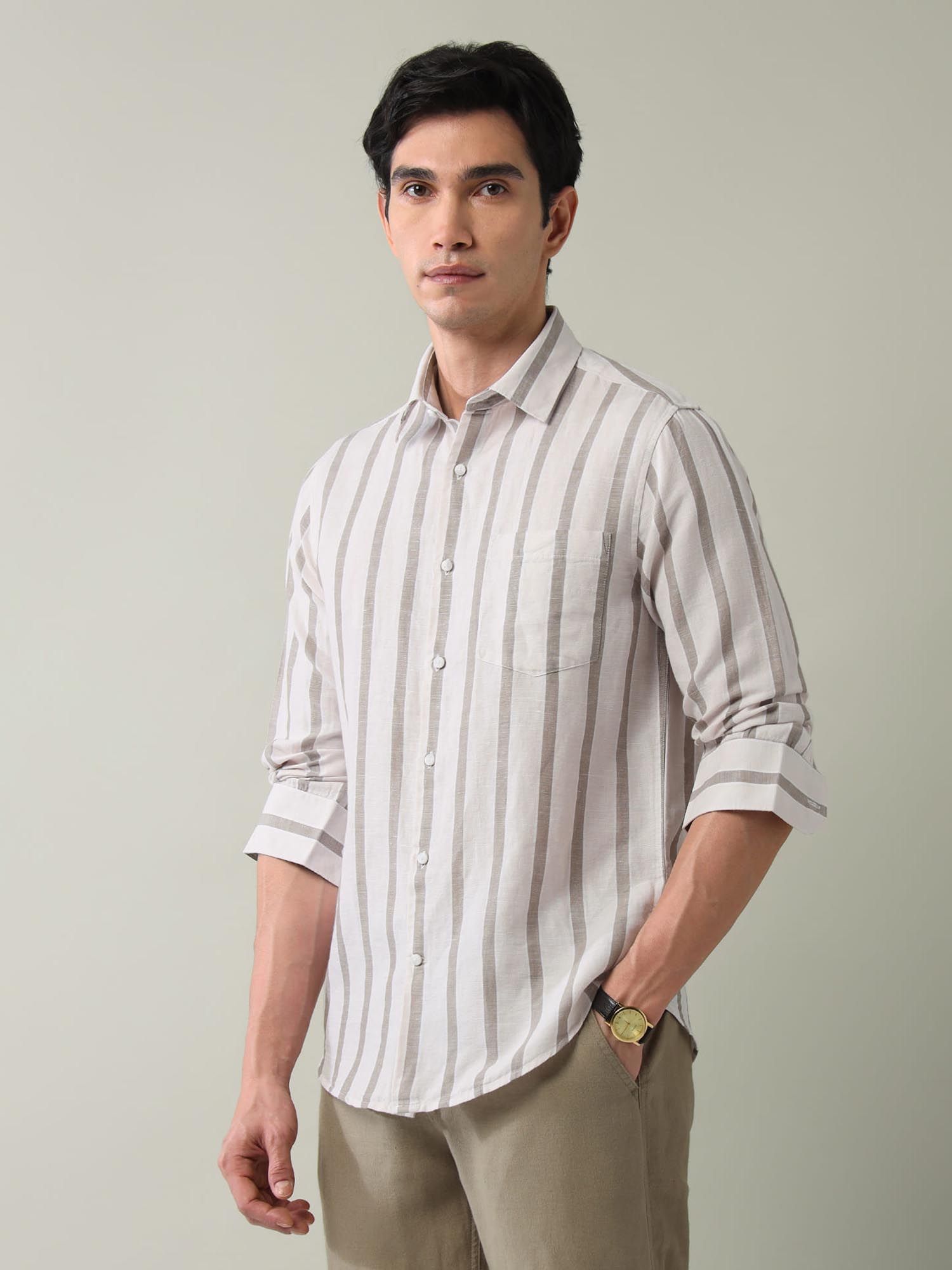 Vertical Striped Slim Fit Shirt Brown