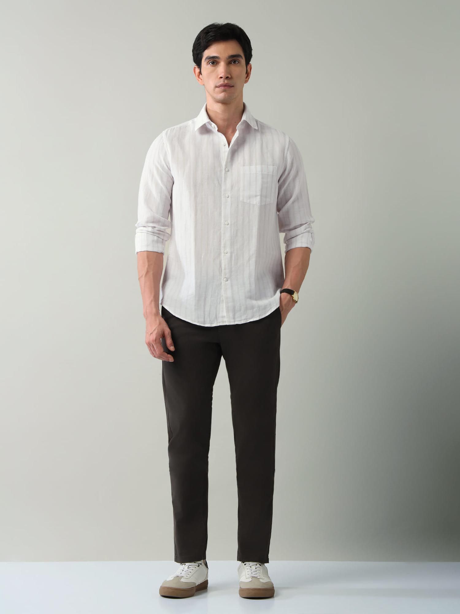 Vertical Striped Twill Slim Fit Shirt Off White