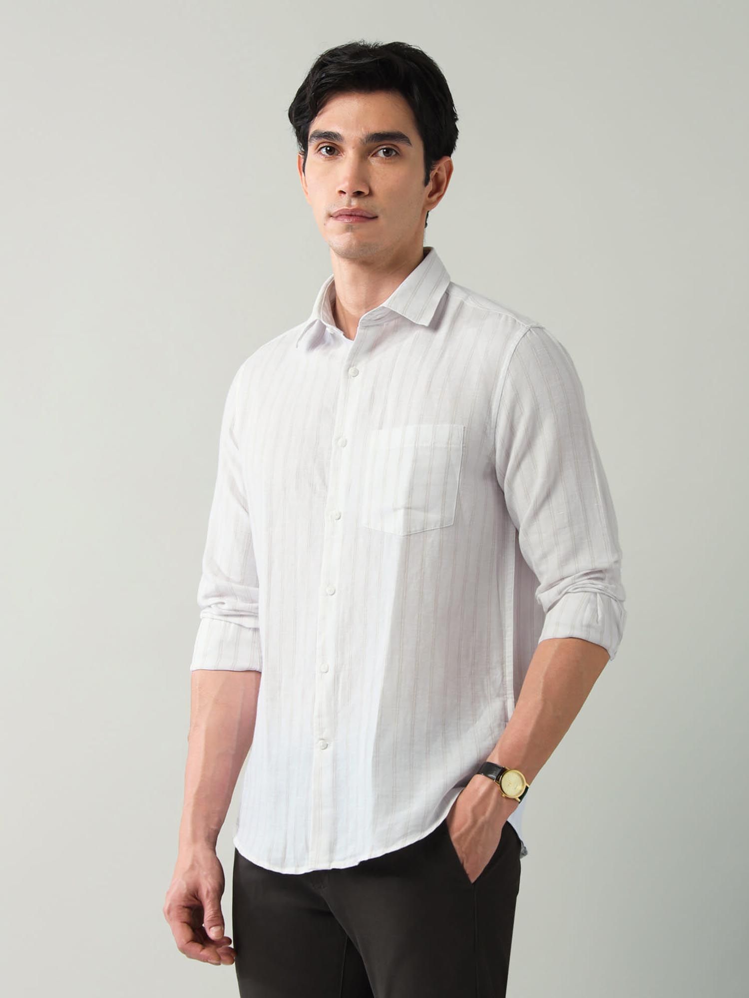 Vertical Striped Twill Slim Fit Shirt Off White