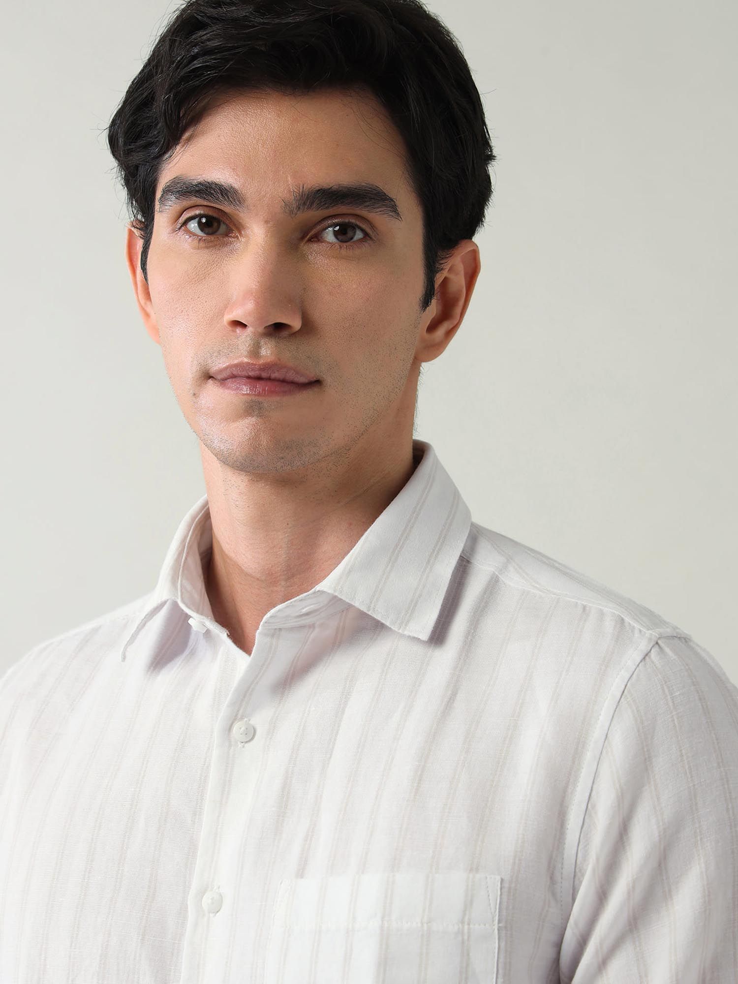Vertical Striped Twill Slim Fit Shirt Off White