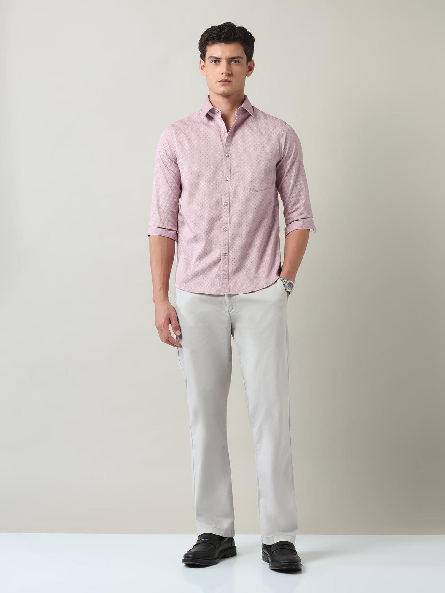 Floral Printed Slim Fit Twill Shirt Pink