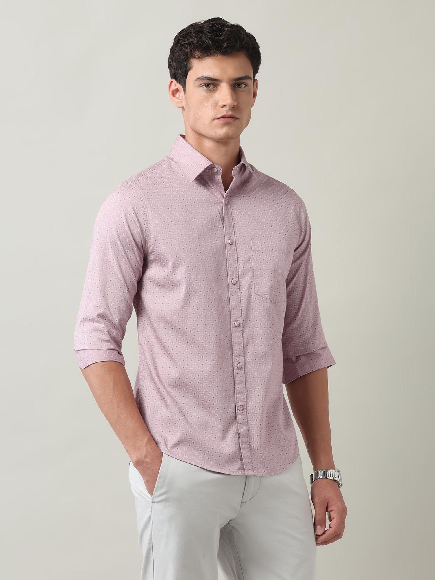 Floral Printed Slim Fit Twill Shirt Pink