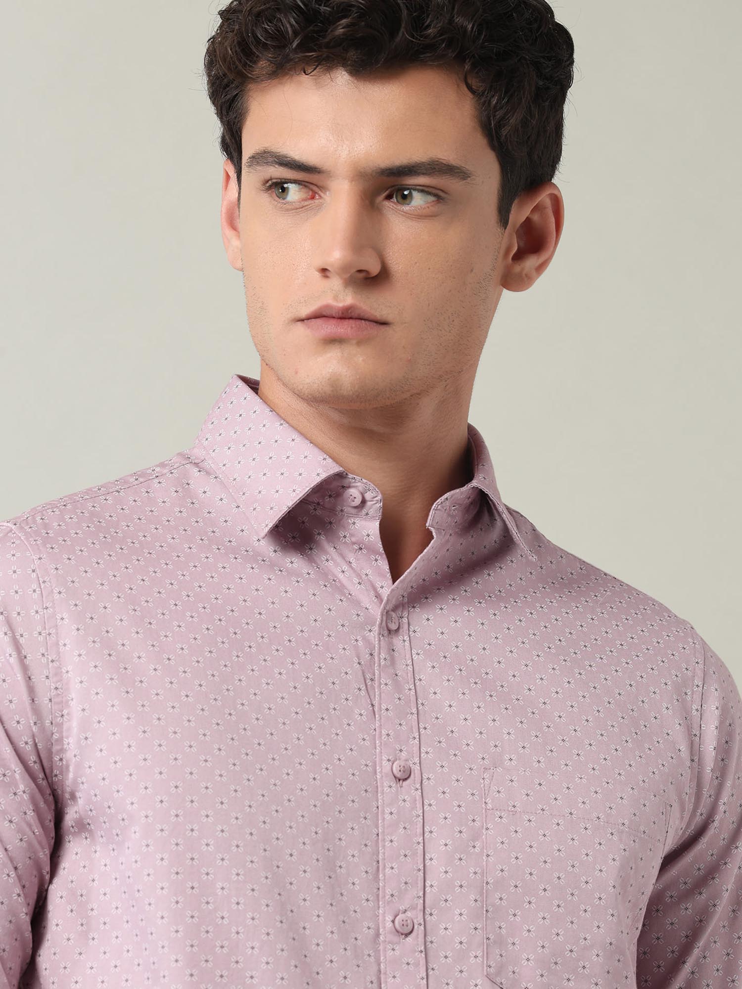 Floral Printed Slim Fit Twill Shirt Pink