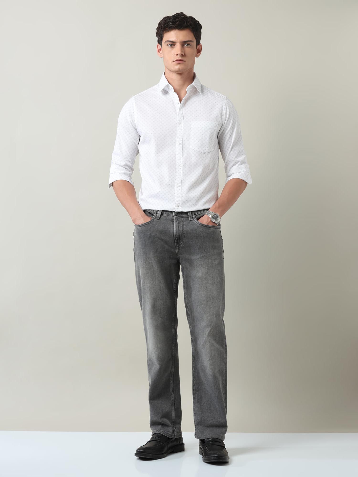 Floral Printed Slim Fit Twill Shirt White