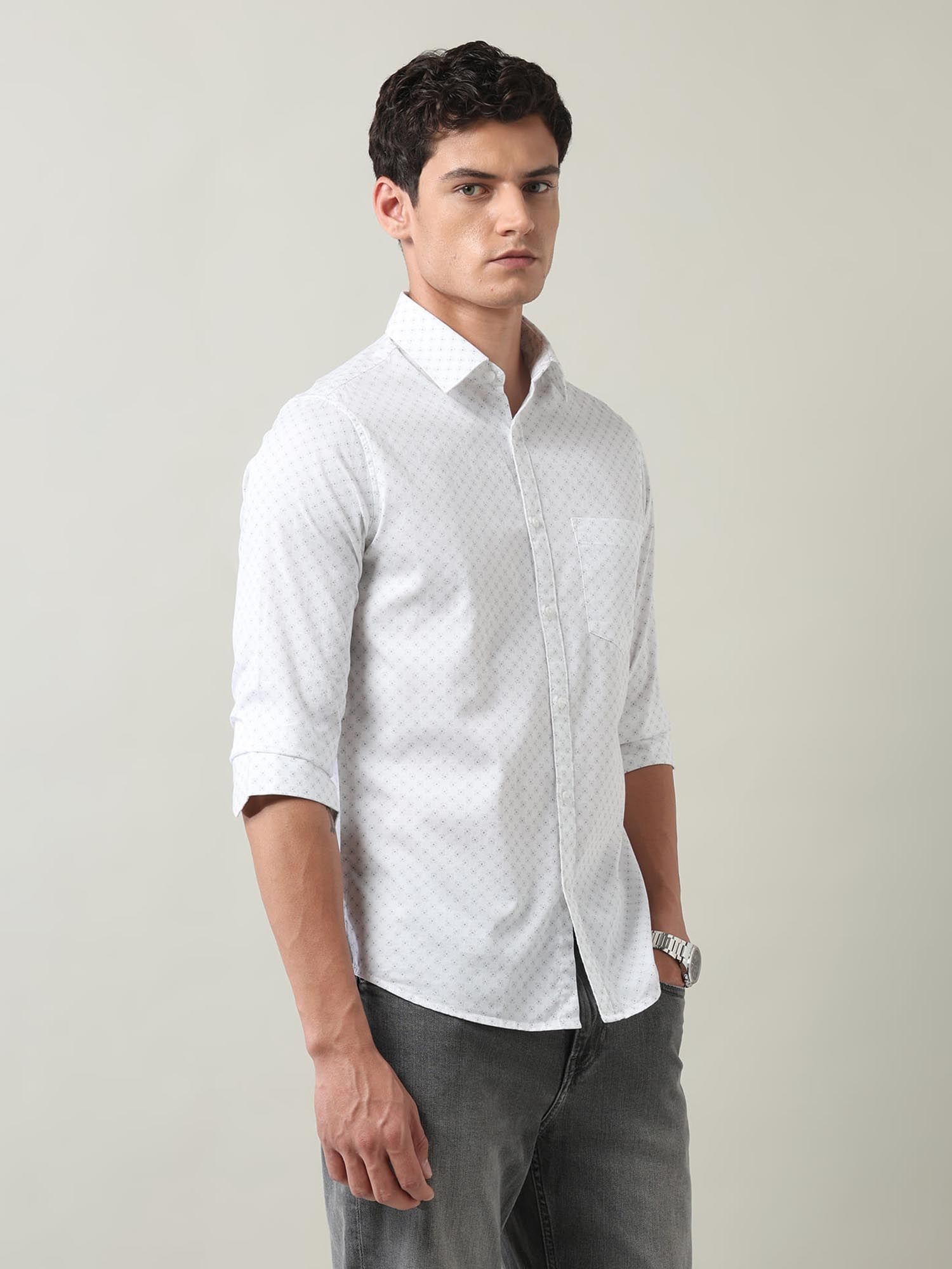 Floral Printed Slim Fit Twill Shirt White