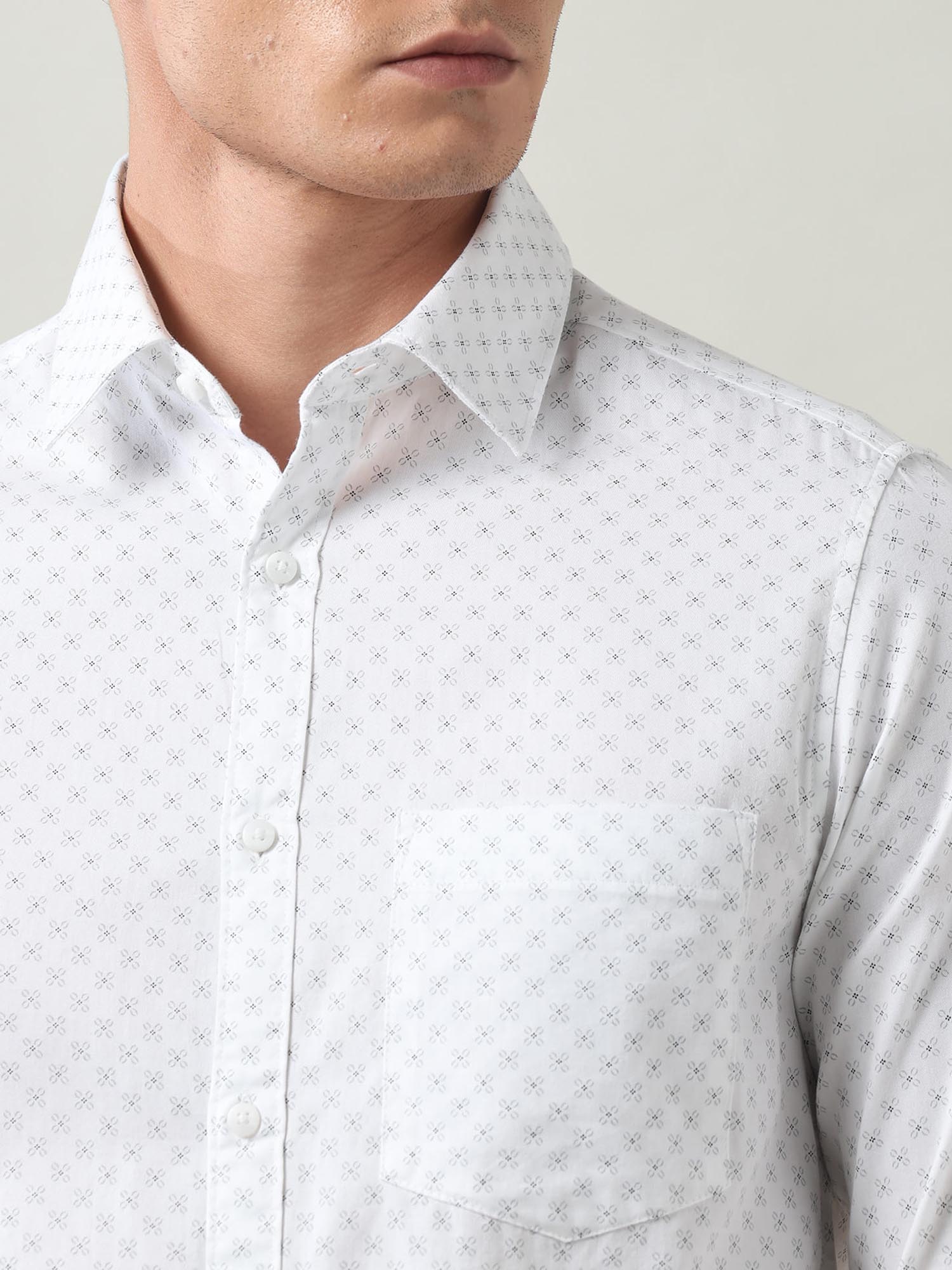 Floral Printed Slim Fit Twill Shirt White