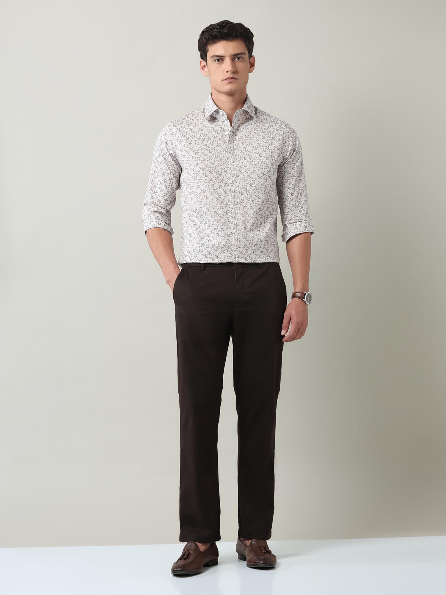 Floral Printed Slim Fit Twill Shirt Beige