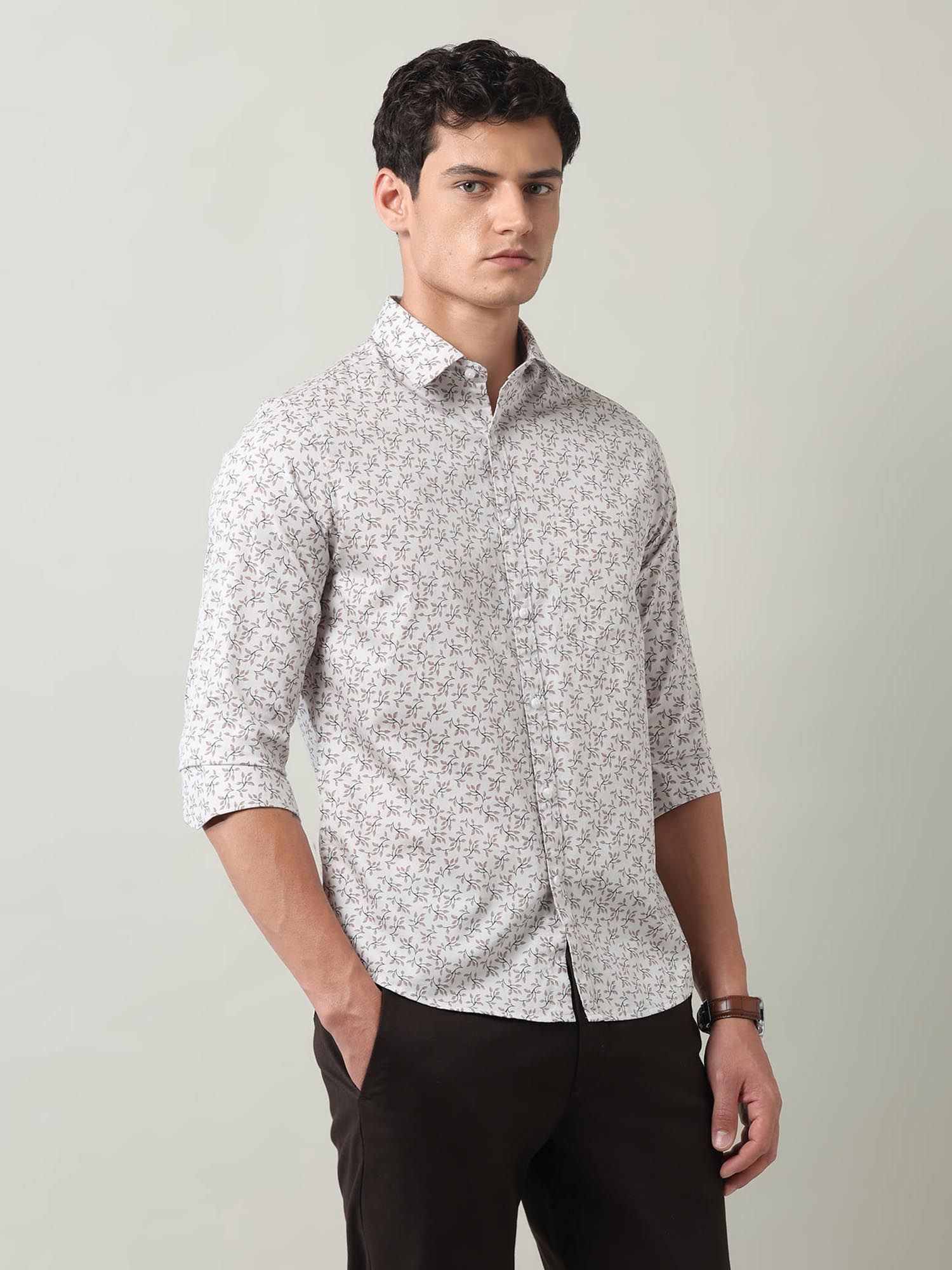 Floral Printed Slim Fit Twill Shirt Beige