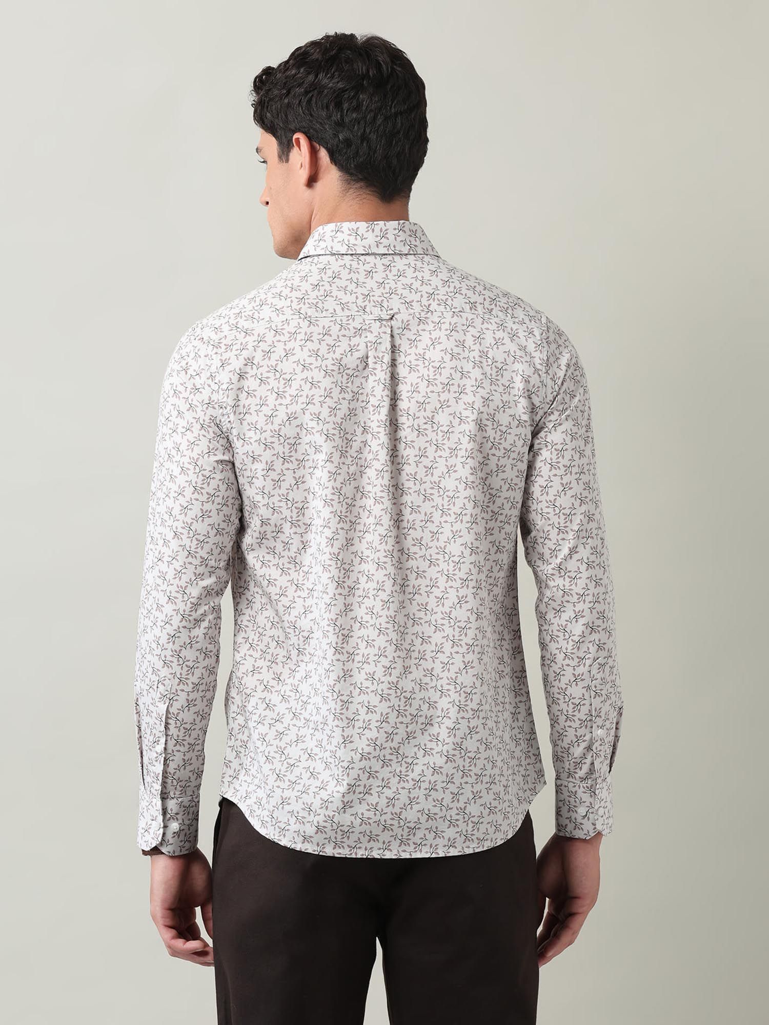 Floral Printed Slim Fit Twill Shirt Beige