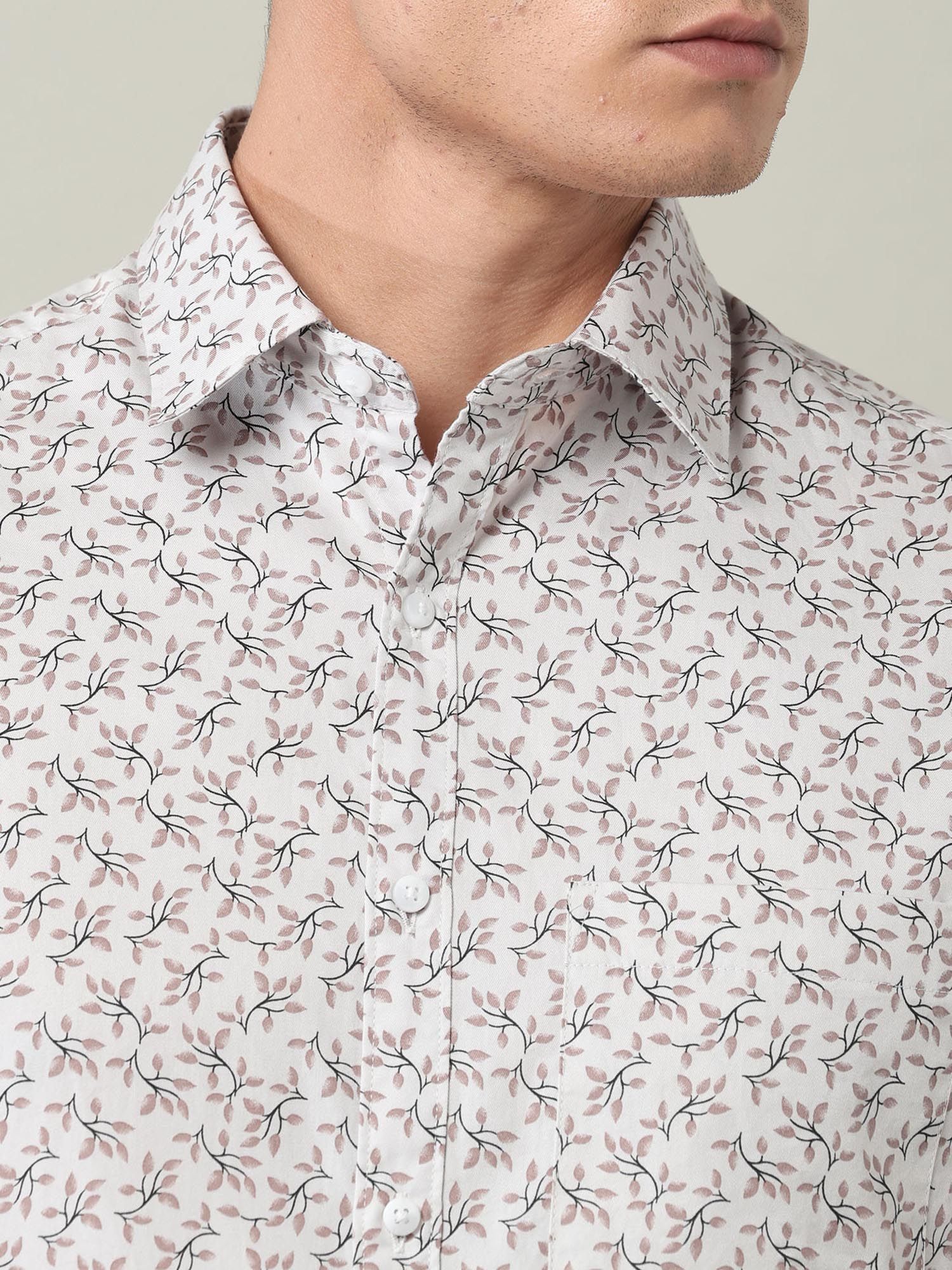 Floral Printed Slim Fit Twill Shirt Beige