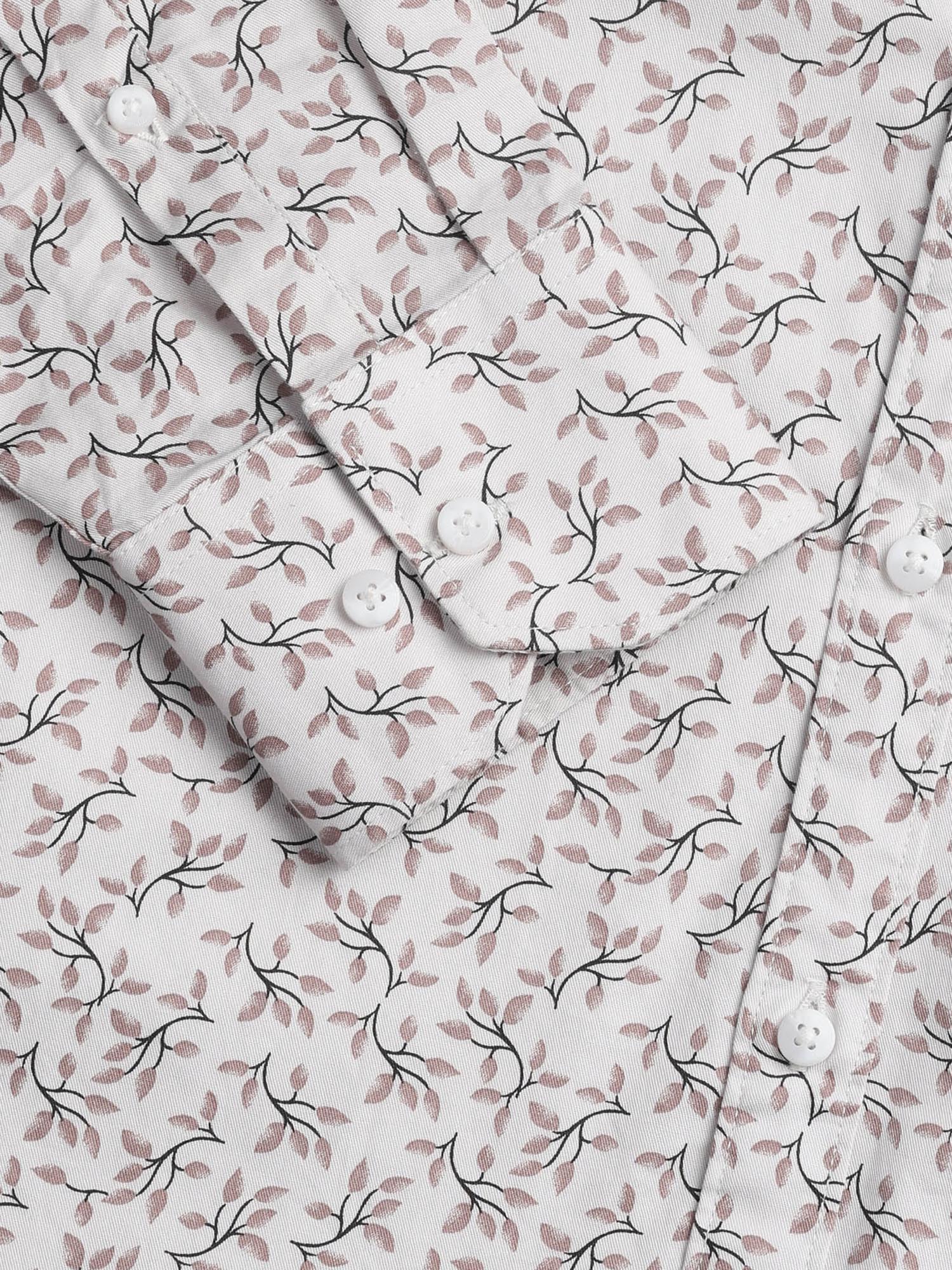 Floral Printed Slim Fit Twill Shirt Beige