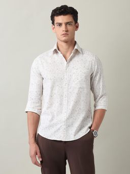 AD By Arvind - Floral Printed Slim Fit Dobby Shirt Beige