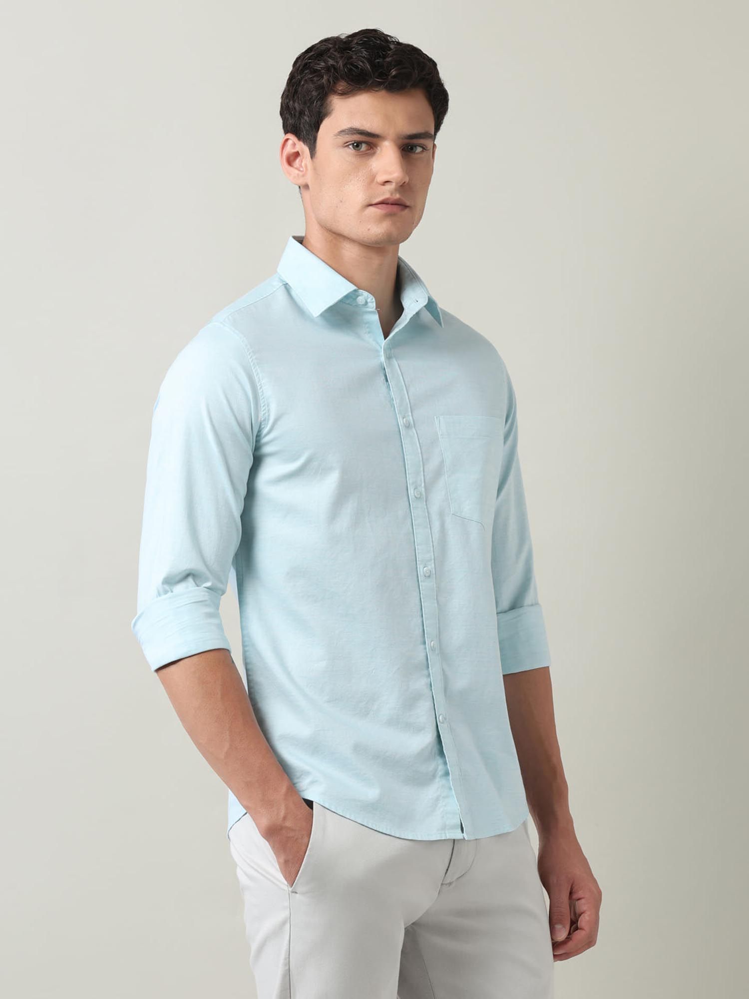 Solid Slim Fit Twill Shirt Aqua