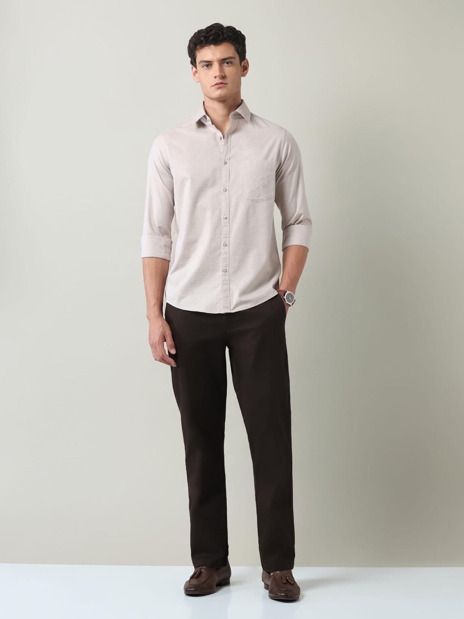 Solid Slim Fit Twill Shirt Beige