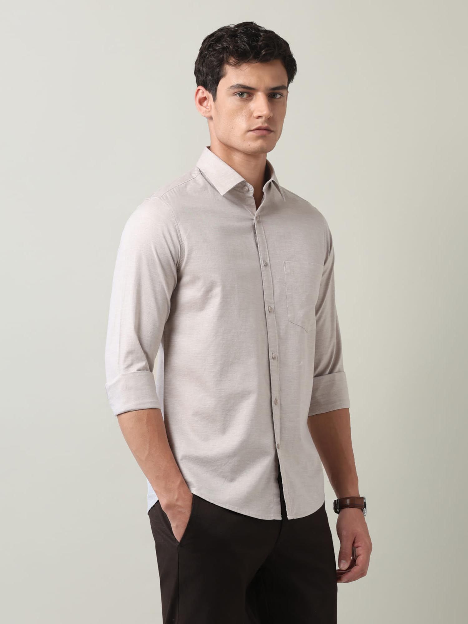 Solid Slim Fit Twill Shirt Beige