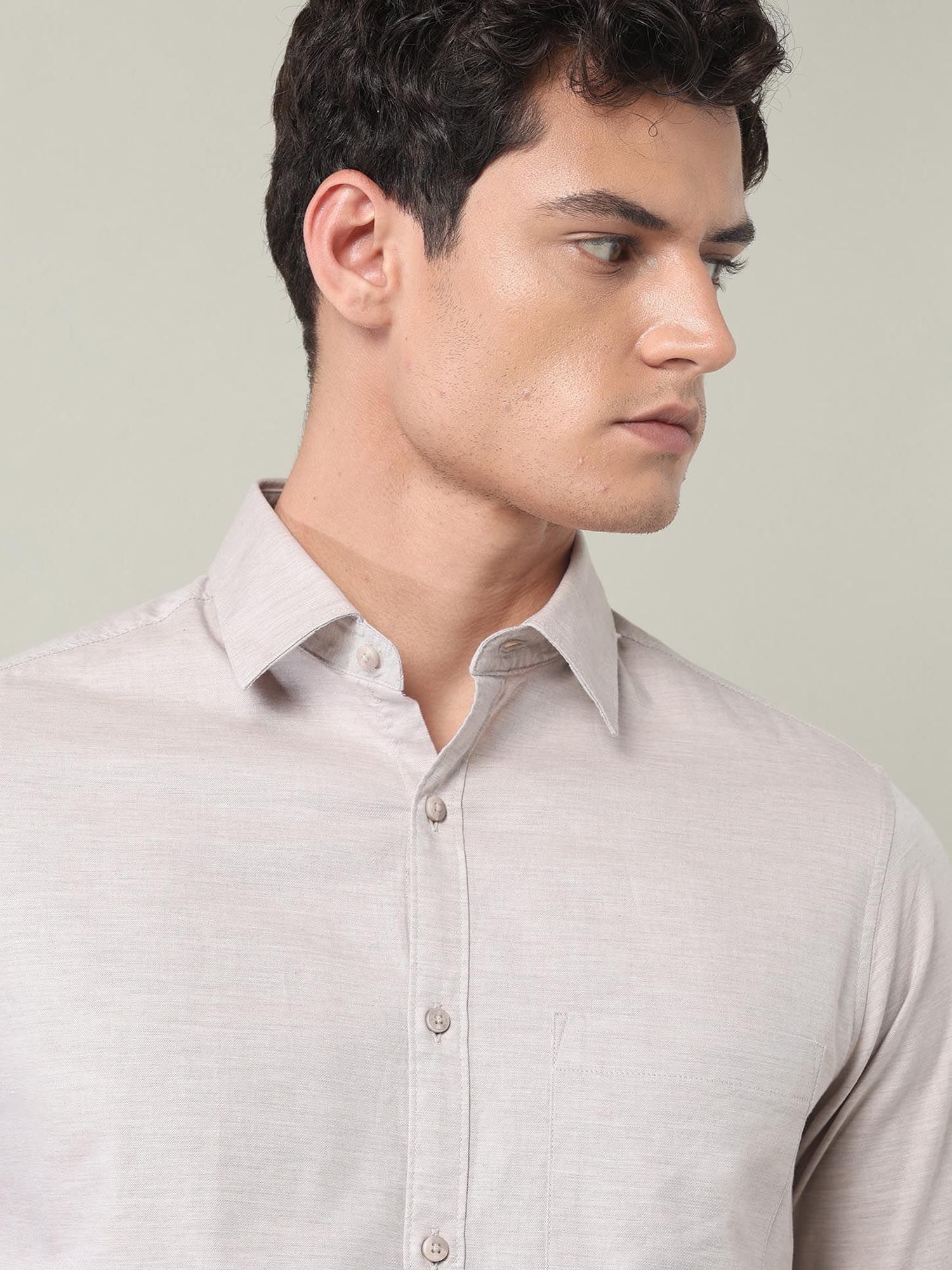 Solid Slim Fit Twill Shirt Beige
