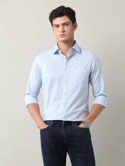 AD By Arvind - Solid Slim Fit Twill Shirt Blue