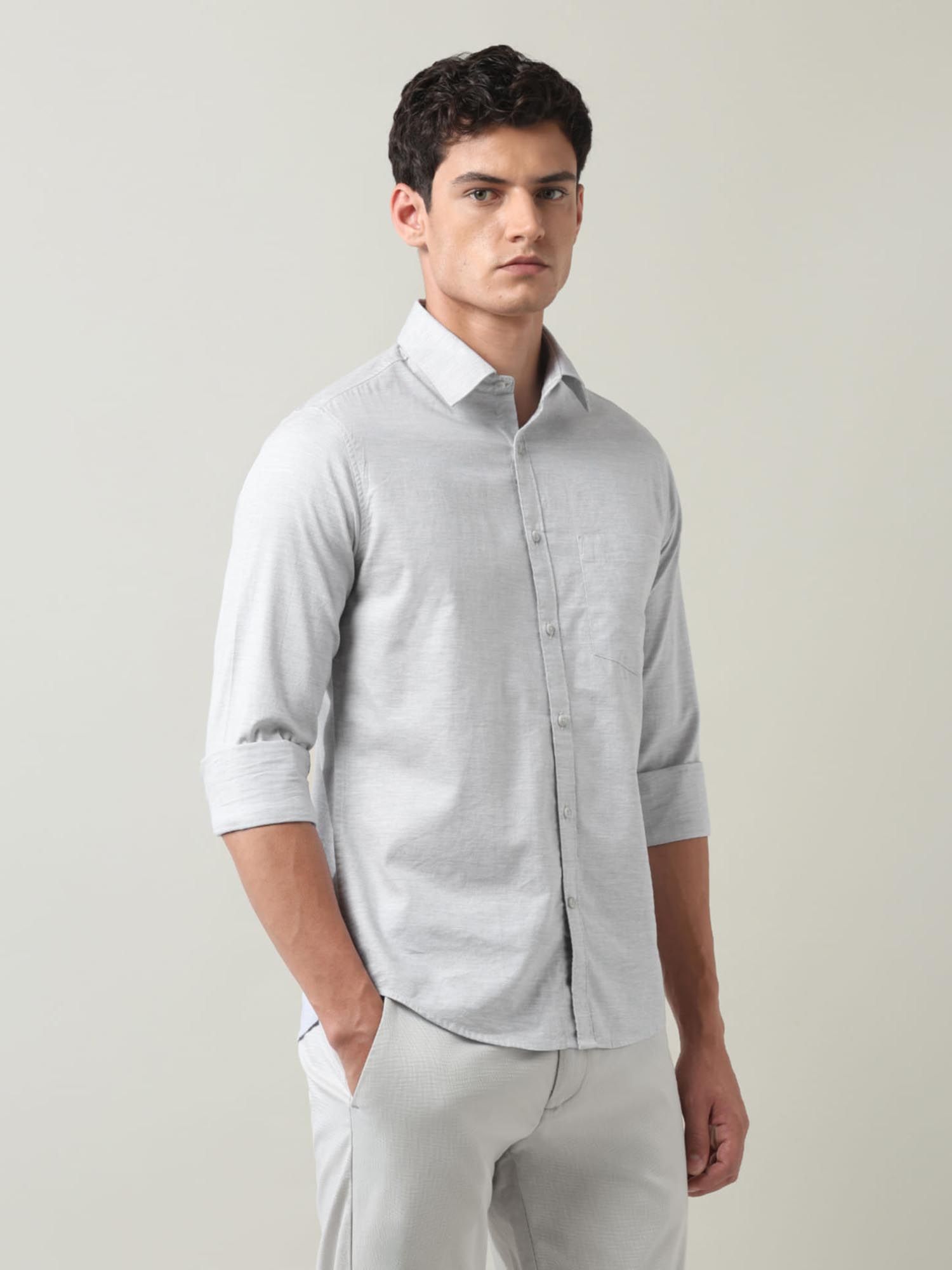 Solid Slim Fit Twill Shirt Grey